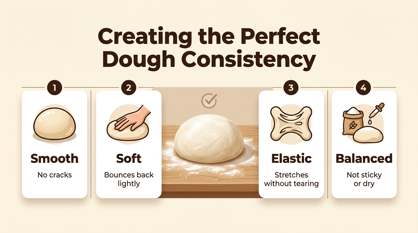 16:9 full-bleed infographic illustration, clean professional kitchen-style design on a warm cream background with soft beige and muted brown accents, bold modern sans-serif typography.
Top center large bold heading in dark brown text: "Creating the Perfect Dough Consistency"
Below the heading, a wide horizontal 4-section layout across the center of the canvas with clear numbered blocks and simple food icons:
1. Left section: a smooth dough ball icon with a subtle sheen, label in bold: "Smooth"
small supporting text: "No cracks"
2. Left-center section: a hand icon gently pressing dough, label in bold: "Soft"
small supporting text: "Bounces back lightly"
3. Right-center section: an elastic dough stretch icon with strands pulling apart, label in bold: "Elastic"
small supporting text: "Stretches without tearing"
4. Right section: a flour-and-dropper balance icon beside dough, label in bold: "Balanced"
small supporting text: "Not sticky or dry"
Add a wide central hero illustration behind and between the sections: a realistic round dough ball on a floured wooden surface with a subtle checkmark above it.
Use thin dividing lines between sections, rounded cards, soft shadows, and small numbered circles in dark brown. Keep the layout spacious, horizontal, and balanced with strong visual hierarchy. No border frame.