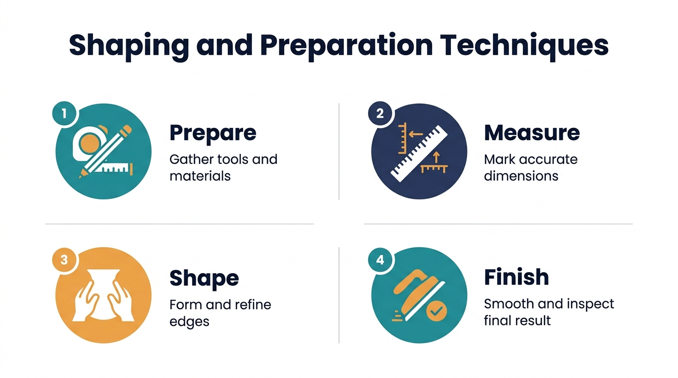 A full-bleed 16:9 infographic with a clean professional layout, modern flat vector style, white background with teal, navy, and warm orange accents. Large bold heading at the top center in dark navy text: "Shaping and Preparation Techniques". Below the heading, arrange four wide horizontal sections in a 2x2 grid across the page, with clear spacing and subtle divider lines.
Section 1 in the upper left: a teal circular icon showing a measuring tape and pencil, with a small numbered badge "1". Caption text: "Prepare". Short subtext below in smaller font: "Gather tools and materials".
Section 2 in the upper right: a navy circular icon showing a ruler and alignment marks, with a small numbered badge "2". Caption text: "Measure". Short subtext below in smaller font: "Mark accurate dimensions".
Section 3 in the lower left: an orange circular icon showing hands shaping a form, with a small numbered badge "3". Caption text: "Shape". Short subtext below in smaller font: "Form and refine edges".
Section 4 in the lower right: a teal-orange circular icon showing a smoothing tool and checkmark, with a small numbered badge "4". Caption text: "Finish". Short subtext below in smaller font: "Smooth and inspect final result".
Use bold sans-serif typography for headings, clean smaller sans-serif for subtext, consistent icon style, balanced spacing, strong visual hierarchy, and aligned text blocks. No frame border, no inset margins, no extra text.