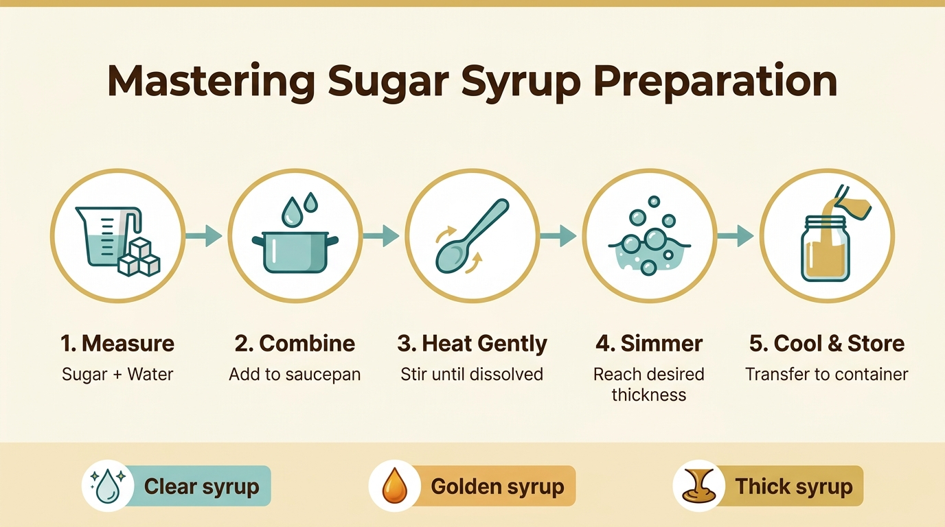 A full-bleed 16:9 horizontal infographic illustration with a clean modern kitchen-style design on a light cream background with soft gold and teal accents. Large bold title at the top center in dark brown sans-serif: "Mastering Sugar Syrup Preparation".
Below the title, a wide 5-step horizontal process flow with connected arrows and evenly spaced panels across the center of the image. Each panel has a circular icon above a short label and a small supporting line of text. Use simple flat vector icons.
Panel 1 on the left: a measuring cup and sugar cubes icon. Text: "1. Measure" and "Sugar + Water".
Panel 2: a pot with water droplets icon. Text: "2. Combine" and "Add to saucepan".
Panel 3: a stirring spoon icon. Text: "3. Heat Gently" and "Stir until dissolved".
Panel 4: a simmering bubbles icon. Text: "4. Simmer" and "Reach desired thickness".
Panel 5 on the right: a glass jar with a pouring ribbon icon. Text: "5. Cool & Store" and "Transfer to container".
Add a bottom strip spanning the width with three small highlighted callouts in colored boxes:
"Clear syrup" with a sparkling droplet icon,
"Golden syrup" with a warm amber droplet icon,
"Thick syrup" with a viscous pour icon.
Use strong visual hierarchy: title largest, step labels medium-bold, supporting text smaller. Use dark brown for text, gold for accents, teal for icons and connectors. Clean professional layout, balanced spacing, crisp vector style, no borders, no poster frame, no inset margins.