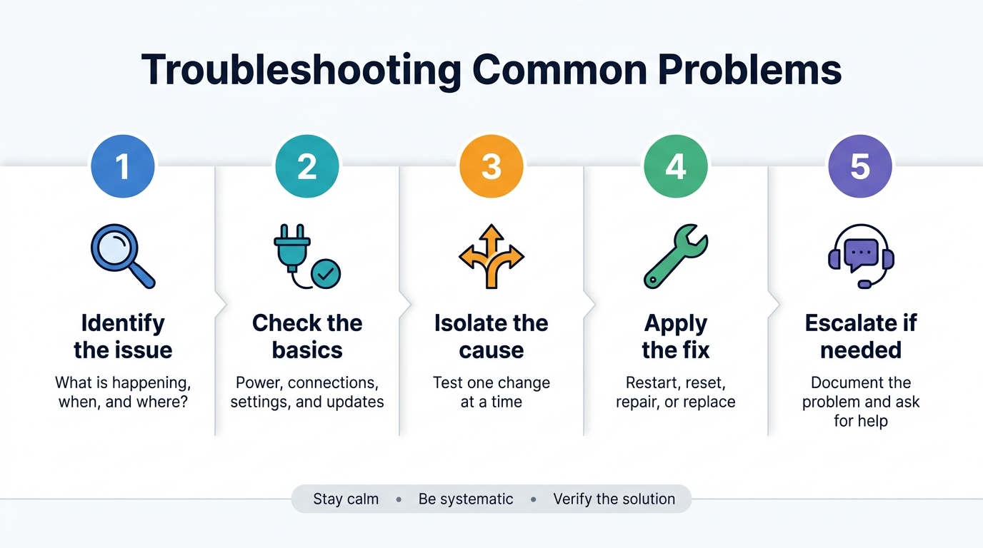Full-bleed 16:9 infographic, clean professional flat design, white background with blue and teal accents, subtle gray dividers, modern sans-serif typography.
Top center, large bold heading in dark navy: "Troubleshooting Common Problems"
Below the title, a wide horizontal 5-step process arranged in five evenly spaced blocks across the canvas, each block with a colored circle number, a simple icon, a short bold step title, and one brief line of text.
Block 1 on far left:
Blue circle with white "1"
Icon: magnifying glass
Text: "Identify the issue"
Small line: "What is happening, when, and where?"
Block 2 left-center:
Teal circle with white "2"
Icon: plug and checkmark
Text: "Check the basics"
Small line: "Power, connections, settings, and updates"
Block 3 center:
Orange circle with white "3"
Icon: split path or branching arrows
Text: "Isolate the cause"
Small line: "Test one change at a time"
Block 4 right-center:
Green circle with white "4"
Icon: wrench
Text: "Apply the fix"
Small line: "Restart, reset, repair, or replace"
Block 5 far right:
Purple circle with white "5"
Icon: headset or support chat bubble
Text: "Escalate if needed"
Small line: "Document the problem and ask for help"
Add a slim footer strip across the bottom with three small labeled tags separated by dots:
"Stay calm" • "Be systematic" • "Verify the solution"
Use strong visual hierarchy, plenty of horizontal spacing, crisp icon outlines, and aligned text blocks. No frame, no poster border, no inset margins.