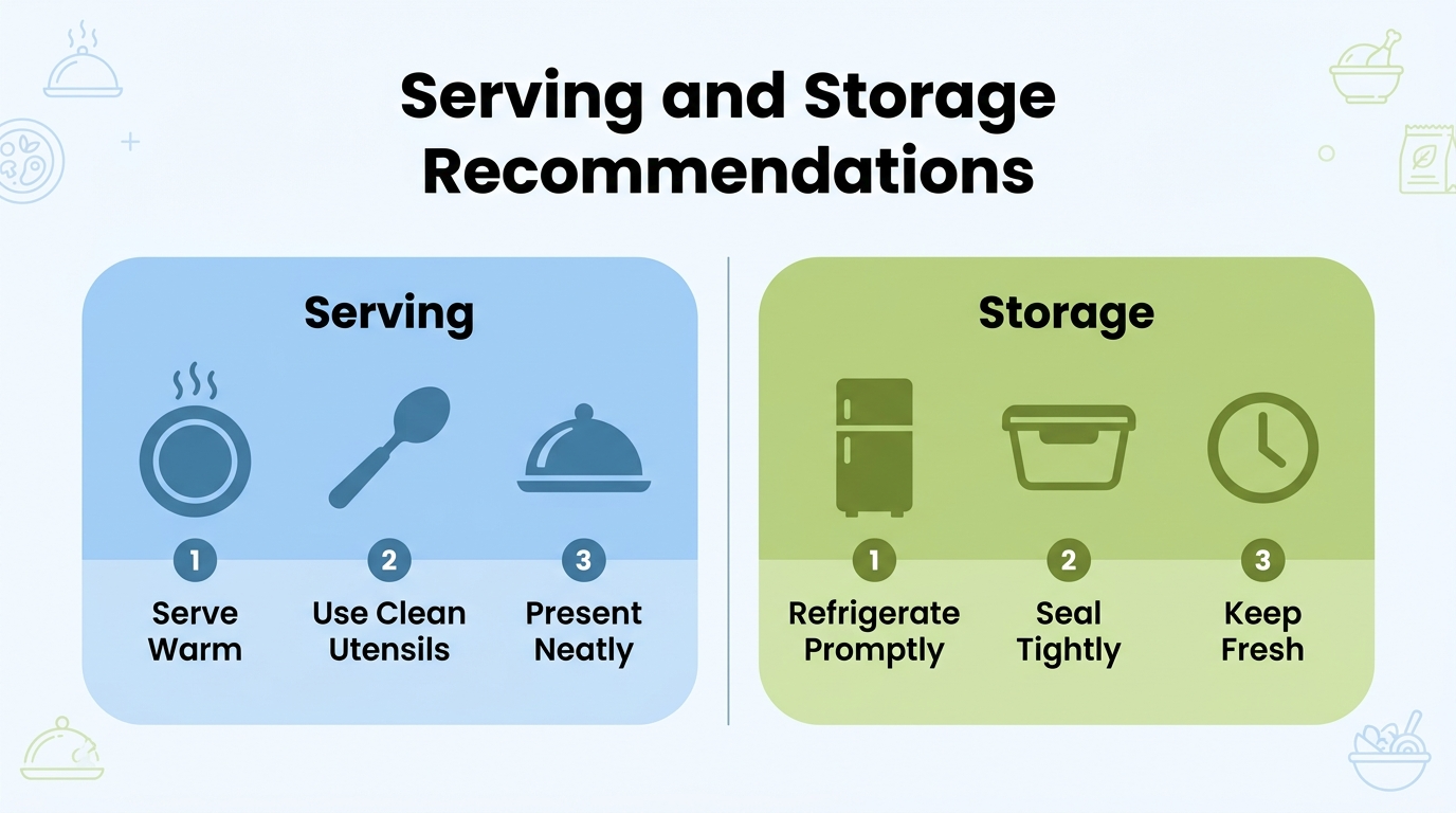 16:9 full-bleed professional infographic, clean modern flat vector style, white background with soft blue and warm green accents, bold sans-serif typography, clear visual hierarchy. Top center large bold heading text: "Serving and Storage Recommendations". Below the heading, a wide two-column layout spanning the canvas with no inset frame.
Left section: a large rounded rectangle in light blue with the label "Serving" at the top. Inside, three simple pictogram icons arranged horizontally: a dinner plate with steam, a serving spoon, and a covered dish. Add short caption text blocks beneath the icons: "Serve Warm", "Use Clean Utensils", "Present Neatly".
Right section: a large rounded rectangle in light green with the label "Storage" at the top. Inside, three simple pictogram icons arranged horizontally: a refrigerator, a storage container with lid, and a clock. Add short caption text blocks beneath the icons: "Refrigerate Promptly", "Seal Tightly", "Keep Fresh".
Use small numbered markers 1, 2, 3 above each caption group in both sections. Add subtle divider line between the two sections. Include minimal decorative food-related line icons in the background corners, very light and unobtrusive. All text must be crisp, legible, and centered within each section.