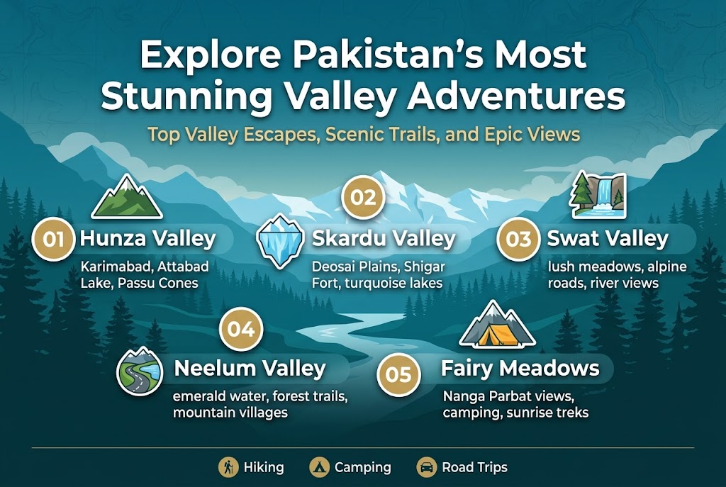 Create a full-bleed 3:2 landscape infographic illustration with a clean modern travel style, bright alpine color palette, and strong visual hierarchy. Use a deep teal-to-sky-blue gradient background with layered mountain silhouettes, glacier peaks, pine forests, winding river, and subtle map texture. Place a bold white headline across the top center in a large sans-serif font: "Explore Pakistan's Most Stunning Valley Adventures". Add a smaller subtitle directly underneath in light gold: "Top Valley Escapes, Scenic Trails, and Epic Views".

Organize the main content in five wide horizontal numbered sections across the middle and lower area, arranged in a clean two-row layout with clear spacing, not a vertical stack. Each section should have a circular number badge, a small icon, a destination name, and one short descriptor line.

Section 1 on the upper-left: a green mountain icon, number badge "01", title "Hunza Valley", and descriptor text "Karimabad, Attabad Lake, Passu Cones".
Section 2 on the upper-center: a blue glacier icon, number badge "02", title "Skardu Valley", and descriptor text "Deosai Plains, Shigar Fort, turquoise lakes".
Section 3 on the upper-right: a pine tree and waterfall icon, number badge "03", title "Swat Valley", and descriptor text "lush meadows, alpine roads, river views".
Section 4 on the lower-left: a winding road and lake icon, number badge "04", title "Neelum Valley", and descriptor text "emerald water, forest trails, mountain villages".
Section 5 on the lower-right: a tent and peak icon, number badge "05", title "Fairy Meadows", and descriptor text "Nanga Parbat views, camping, sunrise treks".

Add a slim bottom banner with three small circular icons and labels spaced evenly: "Hiking", "Camping", "Road Trips". Use white text with gold accent numbers and icons, crisp vector shapes, subtle shadows, and balanced composition. Keep all typography clean, bold, and highly legible.
