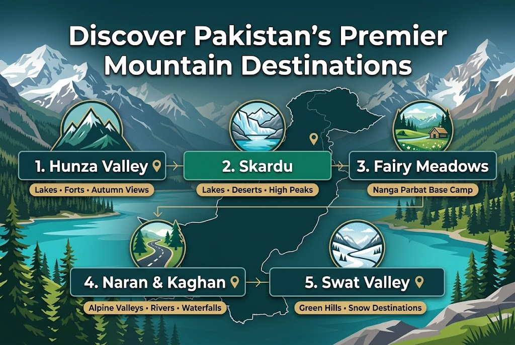 Create a full-bleed landscape infographic in a 3:2 aspect ratio with a clean, professional travel design. Use a scenic mountain-themed background with snow-capped peaks, pine forests, turquoise lakes, and a subtle outline map of Pakistan integrated into the composition. 

At the top center, place a bold large heading in modern sans-serif white text with a slight dark shadow: "Discover Pakistan's Premier Mountain Destinations"

Below the heading, organize the content into five wide horizontal destination blocks or a 2-row grid with clear spacing, using icons and numbered markers. Use a premium palette of deep teal, emerald green, icy blue, white, and warm gold accents. Make the layout spacious, balanced, and easy to scan.

Section 1 on the left: a mountain peak icon and the text "1. Hunza Valley" with a small label beneath: "Lakes • Forts • Autumn Views"

Section 2: a glacier and lake icon and the text "2. Skardu" with a small label beneath: "Lakes • Deserts • High Peaks"

Section 3: a meadow and cottage icon and the text "3. Fairy Meadows" with a small label beneath: "Nanga Parbat Base Camp"

Section 4: a winding road and pine tree icon and the text "4. Naran & Kaghan" with a small label beneath: "Alpine Valleys • Rivers • Waterfalls"

Section 5: a snowy pass icon and the text "5. Swat Valley" with a small label beneath: "Green Hills • Snow Destinations"

Include small location pin symbols next to each destination name, subtle line dividers between sections, and elegant infographic arrows or connectors leading through the sequence. Use crisp vector-style illustrations, high contrast, and strong visual hierarchy. No frame, no border, no inset poster look.