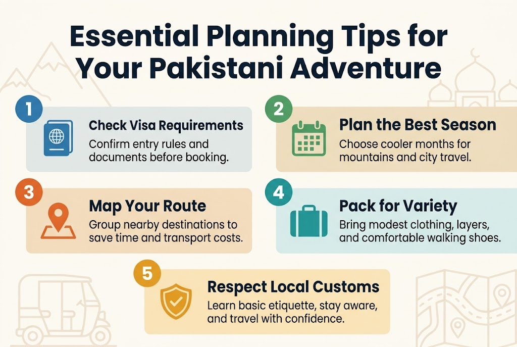 Create a clean, professional infographic in a full-bleed 3:2 landscape layout with no border frame. Use a modern sans-serif font, bold navy title, and a warm travel color palette of teal, saffron, deep blue, sand, and white.

Top center: large bold heading in dark navy text, "Essential Planning Tips for Your Pakistani Adventure"

Below the heading, arrange five wide horizontal tip blocks in a balanced multi-column layout, using two columns on the left and right with one centered block across the lower middle, not a narrow vertical stack. Each block should have a colored number circle, a simple icon, a short subheading, and one concise line of supporting text.

Tip block 1, upper left: blue circle with "1" and a passport icon. Text: "Check Visa Requirements" and smaller text, "Confirm entry rules and documents before booking."

Tip block 2, upper right: green circle with "2" and a calendar icon. Text: "Plan the Best Season" and smaller text, "Choose cooler months for mountains and city travel."

Tip block 3, middle left: orange circle with "3" and a map pin icon. Text: "Map Your Route" and smaller text, "Group nearby destinations to save time and transport costs."

Tip block 4, middle right: teal circle with "4" and a suitcase icon. Text: "Pack for Variety" and smaller text, "Bring modest clothing, layers, and comfortable walking shoes."

Tip block 5, lower center wide block: saffron circle with "5" and a safety shield icon. Text: "Respect Local Customs" and smaller text, "Learn basic etiquette, stay aware, and travel with confidence."

Add subtle background elements: faint outline illustrations of mountains, mosque domes, a rickshaw, and a road map behind the blocks at low opacity. Keep spacing generous, icons crisp and flat, and overall design bright, organized, and travel-themed.
