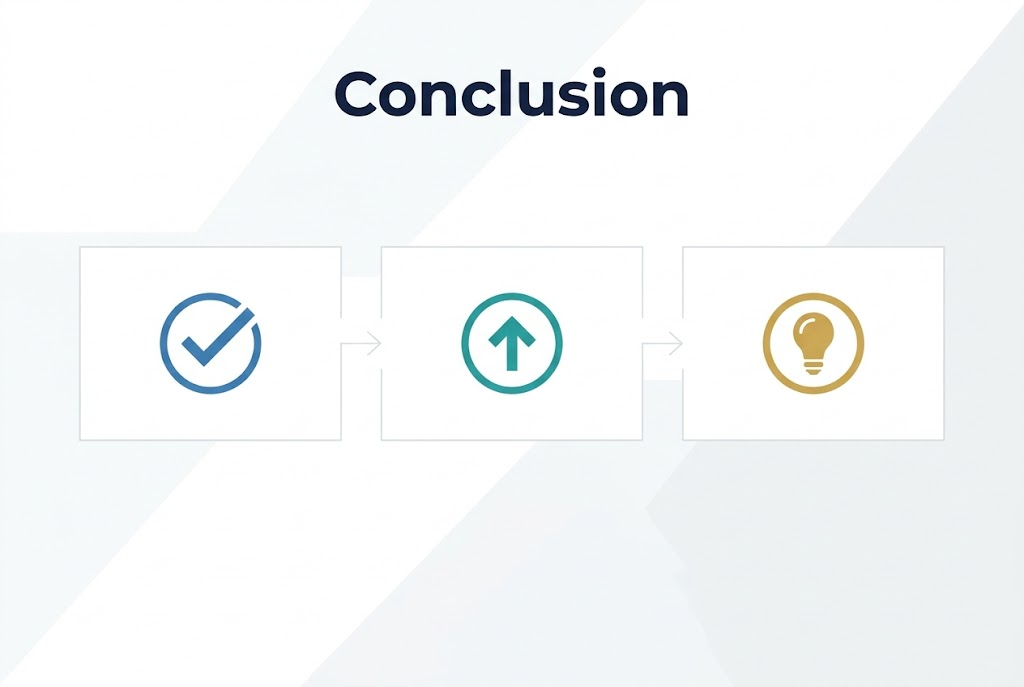 Full-bleed professional infographic, aspect ratio 3:2, clean modern corporate style. Large bold heading at the top center reading "Conclusion" in dark navy sans-serif font. Wide horizontal layout with three evenly spaced section blocks across the middle, each with a simple icon: left block a blue checkmark inside a circle, center block a teal upward arrow inside a circle, right block a gold lightbulb inside a circle. Use subtle connecting line or flow arrows between the three blocks. Minimalist background in soft white with very light gray geometric accents, no border, no poster frame. Strong visual hierarchy with the title largest, icons medium-sized, and generous open space. Color palette: navy, teal, blue, gold, light gray. Clean, balanced, polished infographic composition.
