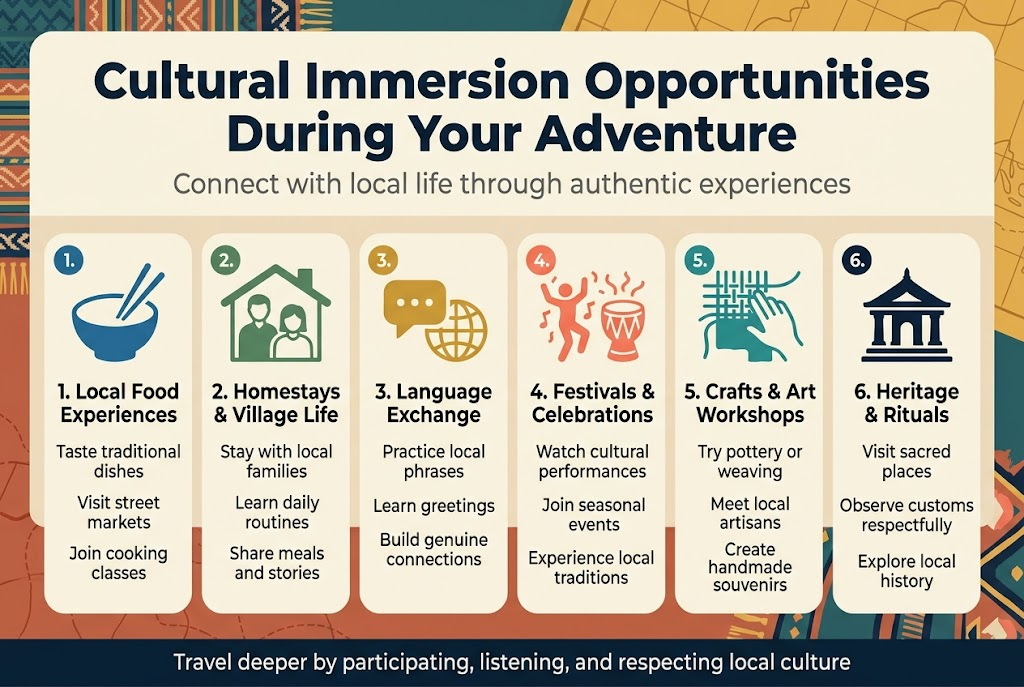 Create a full-bleed 3:2 infographic illustration with a clean professional travel style. Use a bold top heading in large dark navy sans-serif text: "Cultural Immersion Opportunities During Your Adventure". Place a smaller subtitle below in medium gray: "Connect with local life through authentic experiences". Use a wide horizontal layout with six evenly spaced content blocks across the middle and lower area, not a vertical stack.

Use a warm travel color palette: deep teal, terracotta, golden yellow, coral, cream, and dark navy accents. Add subtle background patterns inspired by woven textiles and map lines.

Section 1 on the left: a rounded rectangular block with a blue icon of a bowl and chopsticks. Title text: "1. Local Food Experiences". Smaller text: "Taste traditional dishes", "Visit street markets", "Join cooking classes".

Section 2 next to it: a rounded rectangular block with a green icon of two people in a home. Title text: "2. Homestays & Village Life". Smaller text: "Stay with local families", "Learn daily routines", "Share meals and stories".

Section 3 in the center: a rounded rectangular block with a gold icon of a speech bubble and globe. Title text: "3. Language Exchange". Smaller text: "Practice local phrases", "Learn greetings", "Build genuine connections".

Section 4 next to it: a rounded rectangular block with a coral icon of dancing figures and a festival drum. Title text: "4. Festivals & Celebrations". Smaller text: "Watch cultural performances", "Join seasonal events", "Experience local traditions".

Section 5 next to it: a rounded rectangular block with a teal icon of a hand weaving fabric. Title text: "5. Crafts & Art Workshops". Smaller text: "Try pottery or weaving", "Meet local artisans", "Create handmade souvenirs".

Section 6 on the right: a rounded rectangular block with a navy icon of a temple, shrine, or historic landmark. Title text: "6. Heritage & Rituals". Smaller text: "Visit sacred places", "Observe customs respectfully", "Explore local history".

Add small numbered circles 1 through 6 at the top-left of each block. Use simple flat vector icons with clear outlines. Include a thin footer bar across the bottom with the text in quotes: "Travel deeper by participating, listening, and respecting local culture". Keep typography crisp, modern, and highly legible.
