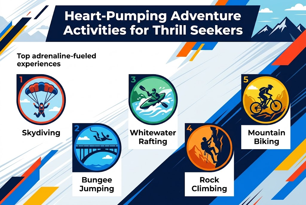 Full-bleed infographic illustration in 3:2 aspect ratio, clean professional modern style, no border, no inset frame, wide horizontal layout with 5 evenly spaced sections across the canvas. Top center: large bold heading in white text on a dark navy banner reading "Heart-Pumping Adventure Activities for Thrill Seekers". Use a dynamic color palette of navy, electric blue, orange, red, and yellow with high contrast. Add subtle motion lines, mountain and sky accents, and energetic diagonal shapes in the background.

Across the middle and lower area, create five numbered blocks in a horizontal row or staggered wide grid, each with a large circular icon and a short label beneath it:
1. A red-and-blue icon of a person skydiving with open parachute, label: "Skydiving"
2. A blue icon of a person bungee jumping off a bridge, label: "Bungee Jumping"
3. A green icon of a kayak on whitewater rapids, label: "Whitewater Rafting"
4. An orange icon of a mountain climber on a steep cliff, label: "Rock Climbing"
5. A yellow icon of a mountain bike rider on a rugged trail, label: "Mountain Biking"

Add a small subheading near the top left in smaller bold text: "Top adrenaline-fueled experiences". Use clean sans-serif fonts, strong visual hierarchy, clear spacing, and crisp infographic symbols. Place the numbered markers prominently before each activity. Keep all text legible, minimal, and centered within each block.