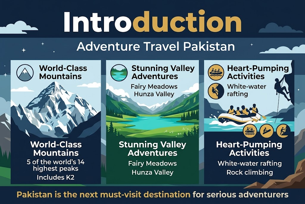 Create a full-bleed 3:2 landscape infographic with a clean professional travel-magazine style, using deep navy, glacier blue, emerald green, turquoise, and warm gold accents. Use bold modern sans-serif typography with strong hierarchy.

Top across the full width: large bold heading in white and gold text: "Introduction"

Directly beneath the heading, a wide subtitle line in smaller white text: "Adventure Travel Pakistan"

Main layout: three wide horizontal content blocks across the page, with icons and short text, arranged left to right in a clean infographic grid.

Left block: a tall mountain illustration with snow peaks, a small circular peak icon, and the text:
"World-Class Mountains"
"5 of the world's 14 highest peaks"
"Includes K2"

Center block: a lush valley scene with a turquoise lake, green meadows, and a small lake icon, with the text:
"Stunning Valley Adventures"
"Fairy Meadows"
"Hunza Valley"

Right block: an action scene with a white-water raft and climber silhouette, plus rafting and climbing icons, with the text:
"Heart-Pumping Activities"
"White-water rafting"
"Rock climbing"

Add a slim bottom banner spanning the width with a bold gold callout:
"Pakistan is the next must-visit destination for serious adventurers"

Include subtle background elements of clouds, stars, and rugged terrain, with crisp vector-style illustration, high contrast, balanced spacing, and no borders or inset frame.