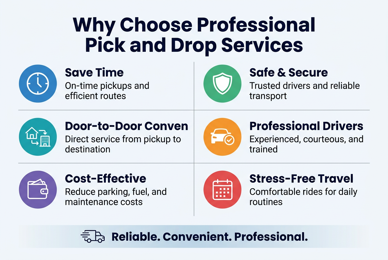 Create a full-bleed professional infographic in 3:2 aspect ratio with a clean modern corporate style. Use a light background with blue and teal accents, dark navy text, and subtle gray dividers. Place a bold headline across the top center in a large sans-serif font: "Why Choose Professional Pick and Drop Services". 

Below the headline, arrange six wide feature blocks in a 3-column by 2-row grid across the page, each block with a colored circular icon on the left and text on the right. Use clear visual hierarchy with a short bold subheading and one line of supporting text in each block.

Block 1: a blue clock icon and the text "Save Time" with smaller text "On-time pickups and efficient routes".  
Block 2: a green shield icon and the text "Safe & Secure" with smaller text "Trusted drivers and reliable transport".  
Block 3: a teal house-to-office icon and the text "Door-to-Door Convenience" with smaller text "Direct service from pickup to destination".  
Block 4: an orange car-and-checkmark icon and the text "Professional Drivers" with smaller text "Experienced, courteous, and trained".  
Block 5: a purple wallet icon and the text "Cost-Effective" with smaller text "Reduce parking, fuel, and maintenance costs".  
Block 6: a red calendar icon and the text "Stress-Free Travel" with smaller text "Comfortable rides for daily routines".  

Add a thin horizontal banner near the bottom with a subtle gradient and a small line icon of a moving vehicle on the left, plus the text "Reliable. Convenient. Professional." in bold navy lettering. Use balanced spacing, strong alignment, and a polished business infographic look.