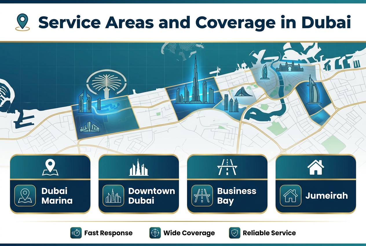Create a full-bleed professional infographic in 3:2 aspect ratio with a clean modern corporate style, using deep blue, teal, white, and gold accents. Place a large bold headline at the top center in a sans-serif font: "Service Areas and Coverage in Dubai". 

Use a wide horizontal layout with a subtle illustrated map of Dubai spanning the center background, with highlighted service zones in glowing blue overlays and thin gold boundary lines. Add a small location-pin icon next to the title.

Organize the lower half into 4 evenly spaced horizontal blocks with rounded rectangles and simple icons:
1. Left block with a map-pin icon and the text "Dubai Marina"
2. Second block with a skyline icon and the text "Downtown Dubai"
3. Third block with a road/network icon and the text "Business Bay"
4. Right block with a home icon and the text "Jumeirah"

Add a thin bottom strip with three compact feature badges using icons and bold labels:
- "Fast Response"
- "Wide Coverage"
- "Reliable Service"

Use clear visual hierarchy, white text on dark blue panels, gold highlights for emphasis, and subtle map grid details in the background. Keep the composition wide, balanced, and uncluttered.
