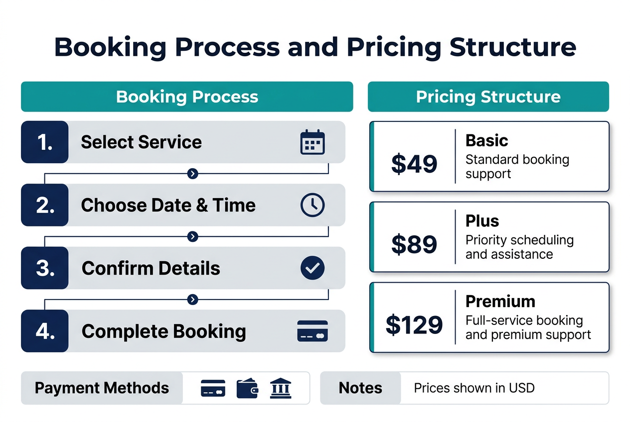 Full-bleed infographic in a clean modern corporate style, aspect ratio 3:2, white background with navy blue, teal, and light gray accents. Large bold heading at the top center in dark navy: "Booking Process and Pricing Structure". 

Below the title, create a wide two-column layout across the full width, with clear section headers and icons.

Left column:
Header in teal: "Booking Process"
Show 4 horizontal numbered steps in rounded rectangular blocks, connected by a thin line with arrow markers:
1. "Select Service" with a calendar icon
2. "Choose Date & Time" with a clock icon
3. "Confirm Details" with a checkmark icon
4. "Complete Booking" with a credit card icon

Right column:
Header in teal: "Pricing Structure"
Show 3 stacked pricing cards with clean borders and subtle shadows:
Top card: "Basic" — "$49" — "Standard booking support"
Middle card: "Plus" — "$89" — "Priority scheduling and assistance"
Bottom card: "Premium" — "$129" — "Full-service booking and premium support"

At the bottom spanning the full width, add a slim summary bar with two labeled blocks:
Left block: "Payment Methods" with small icons for card, wallet, and bank transfer
Right block: "Notes" with text: "Prices shown in USD"

Use bold sans-serif typography, strong visual hierarchy, neat spacing, professional iconography, and balanced alignment. No decorative frame, no vertical poster layout, no extra text.