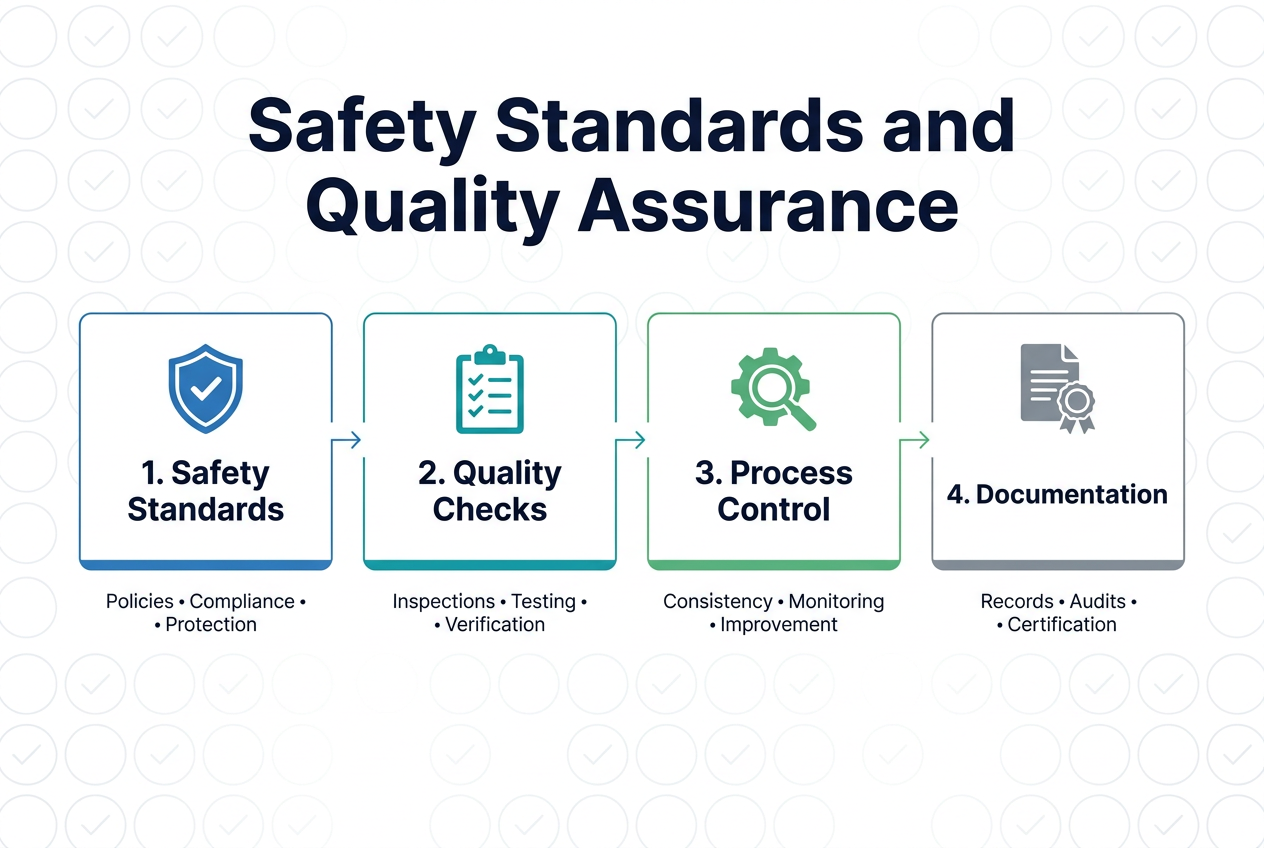 Full-bleed wide infographic in 3:2 aspect ratio, clean professional corporate style, white background with blue, teal, gray, and green accents, modern sans-serif font.

Top center: large bold heading text in dark navy, "Safety Standards and Quality Assurance"

Below the heading, a wide horizontal 4-section layout with evenly spaced blocks or cards, each with a clear icon and short label:

1. Left block: blue shield with checkmark icon, text "1. Safety Standards"
   - small supporting line: "Policies • Compliance • Protection"

2. Second block: teal clipboard with checklist icon, text "2. Quality Checks"
   - small supporting line: "Inspections • Testing • Verification"

3. Third block: green gear and magnifying glass icon, text "3. Process Control"
   - small supporting line: "Consistency • Monitoring • Improvement"

4. Right block: gray document and medal icon, text "4. Documentation"
   - small supporting line: "Records • Audits • Certification"

Use connecting arrows or thin lines between the four blocks to show workflow. Add subtle background pattern of faint geometric circles and check marks. Keep layout balanced, spacious, and horizontal, with strong visual hierarchy and readable text.