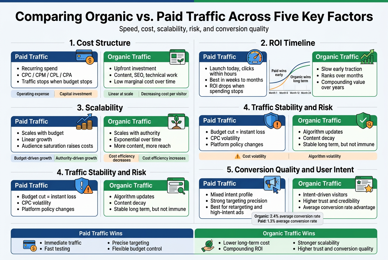 Comparing Organic vs. Paid Traffic Across Five Key Factors