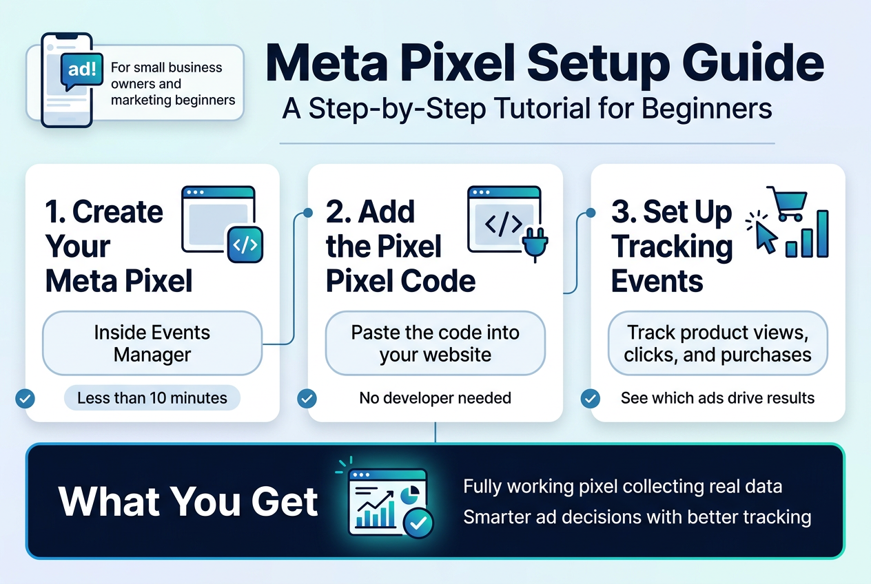 Meta Pixel setup guide showing Facebook and Instagram ad conversion tracking on a website