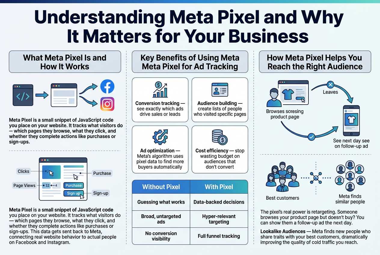 Meta Pixel setup guide showing Facebook and Instagram ad conversion tracking on a website