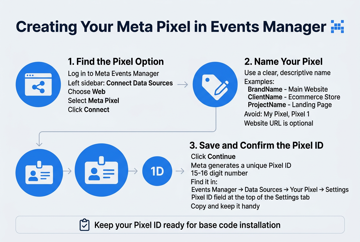 Meta Pixel setup guide showing Facebook and Instagram ad conversion tracking on a website