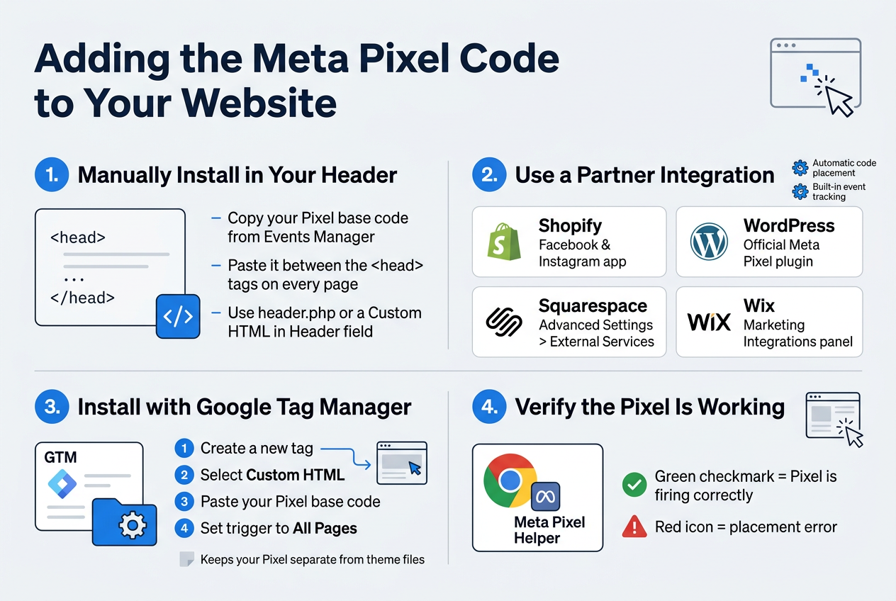 Meta Pixel setup guide showing Facebook and Instagram ad conversion tracking on a website