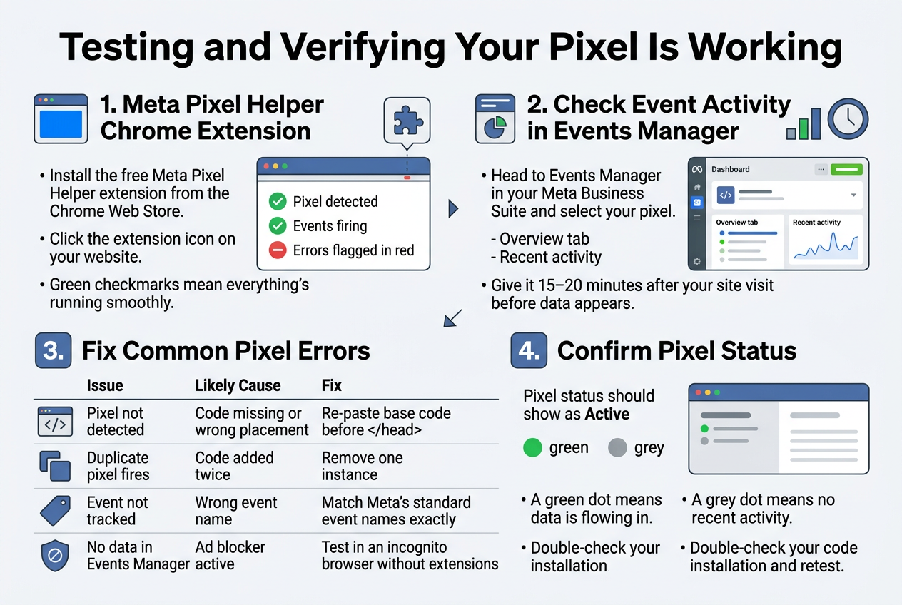 Meta Pixel setup guide showing Facebook and Instagram ad conversion tracking on a website