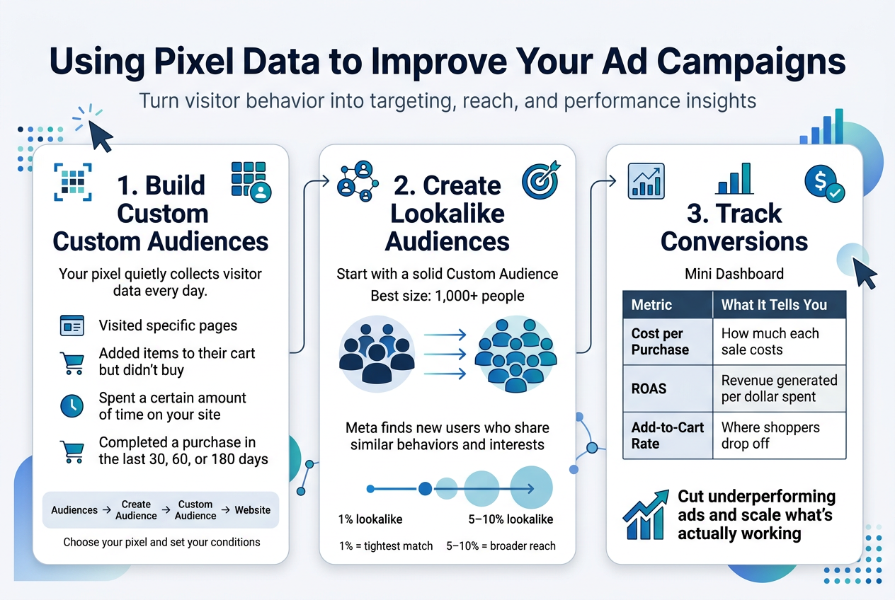 Meta Pixel setup guide showing Facebook and Instagram ad conversion tracking on a website