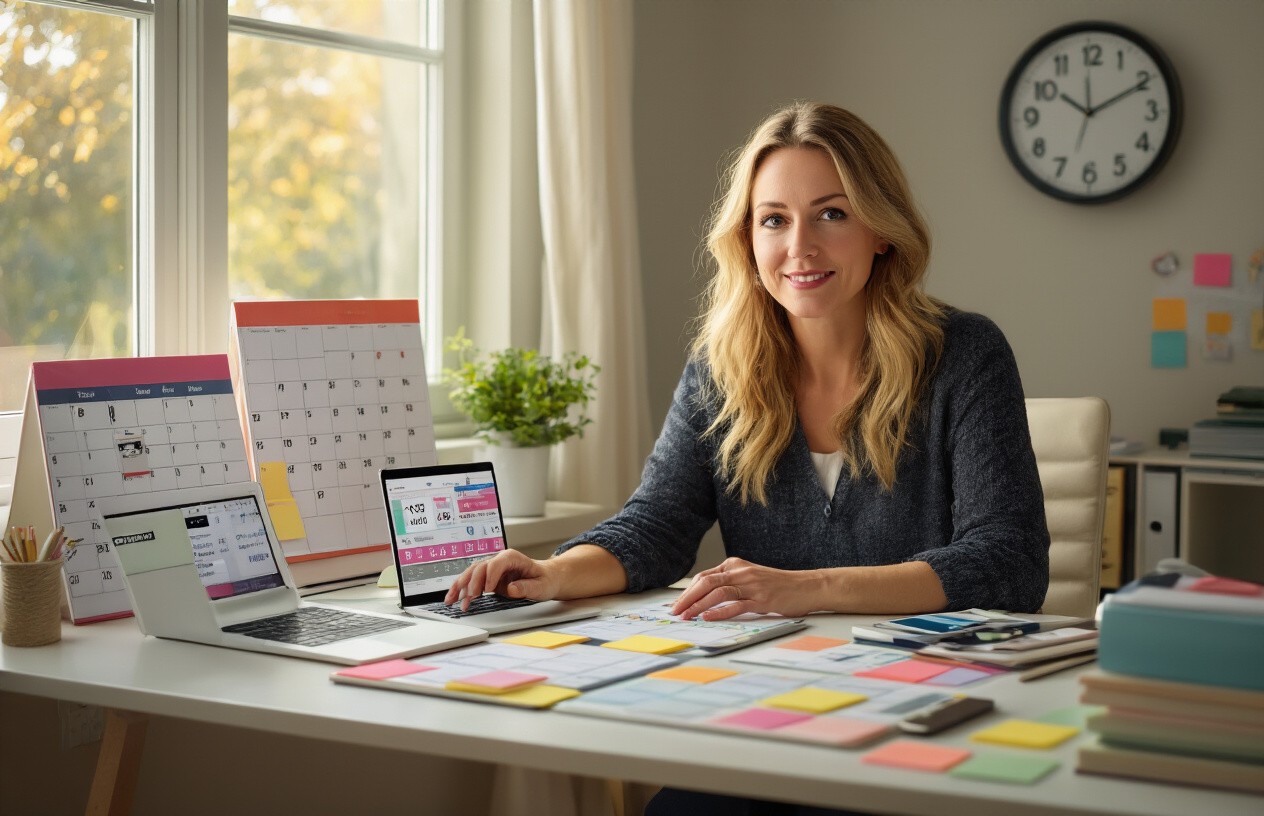 Create a realistic image of a professional white woman sitting at a clean, organized desk with multiple color-coded calendars, planners, and digital devices including a laptop and smartphone displaying scheduling apps, surrounded by neatly arranged sticky notes and to-do lists, with a clock on the wall showing different time zones, warm natural lighting from a window, conveying a sense of organization and productivity in a modern home office setting, absolutely NO text should be in the scene.