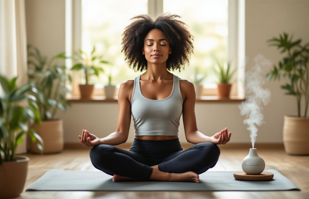 Create a realistic image of a black female in her 30s sitting peacefully in a serene home setting, practicing meditation with her eyes closed and hands resting gently on her knees, surrounded by calming elements like a yoga mat, essential oil diffuser releasing gentle mist, potted plants, and soft natural lighting filtering through a window, creating a tranquil atmosphere that emphasizes self-care and mental wellness, with warm earth tones and a minimalist, clutter-free background, absolutely NO text should be in the scene.