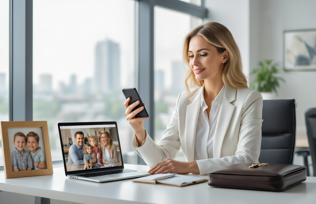 Create a realistic image of a professional white woman in business attire sitting at a modern office desk with a laptop, looking confident while checking her phone which displays family photos, with a briefcase nearby and a framed family picture on the desk, in a bright contemporary office setting with natural lighting from large windows, conveying a sense of successful balance between professional achievement and family connection, absolutely NO text should be in the scene.