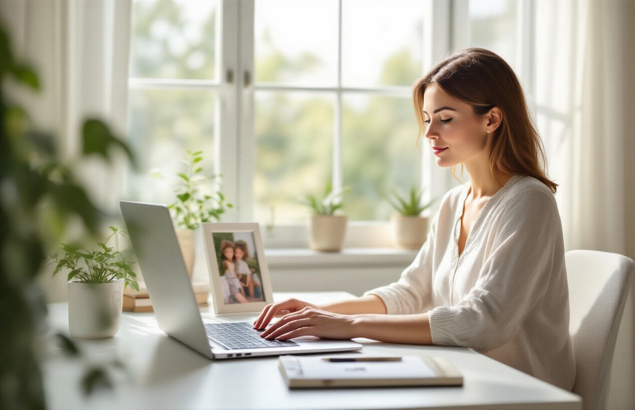 Create a realistic image of a balanced and serene woman's workspace showing a white female professional sitting at a clean, organized desk with a laptop, a small family photo, a planner, and a small potted plant, with soft natural lighting streaming through a window in the background, conveying a sense of harmony, peace, and successful life balance, absolutely NO text should be in the scene.