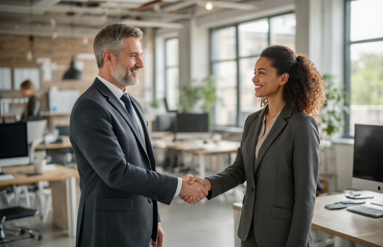 Create a realistic image of a professional business handshake between a white male business owner in a suit and a diverse female customer in professional attire, with a modern office setting in the background featuring clean desks, computers, and large windows with natural lighting, conveying trust and credibility through their confident expressions and body language, with warm natural lighting creating a welcoming atmosphere, absolutely NO text should be in the scene.