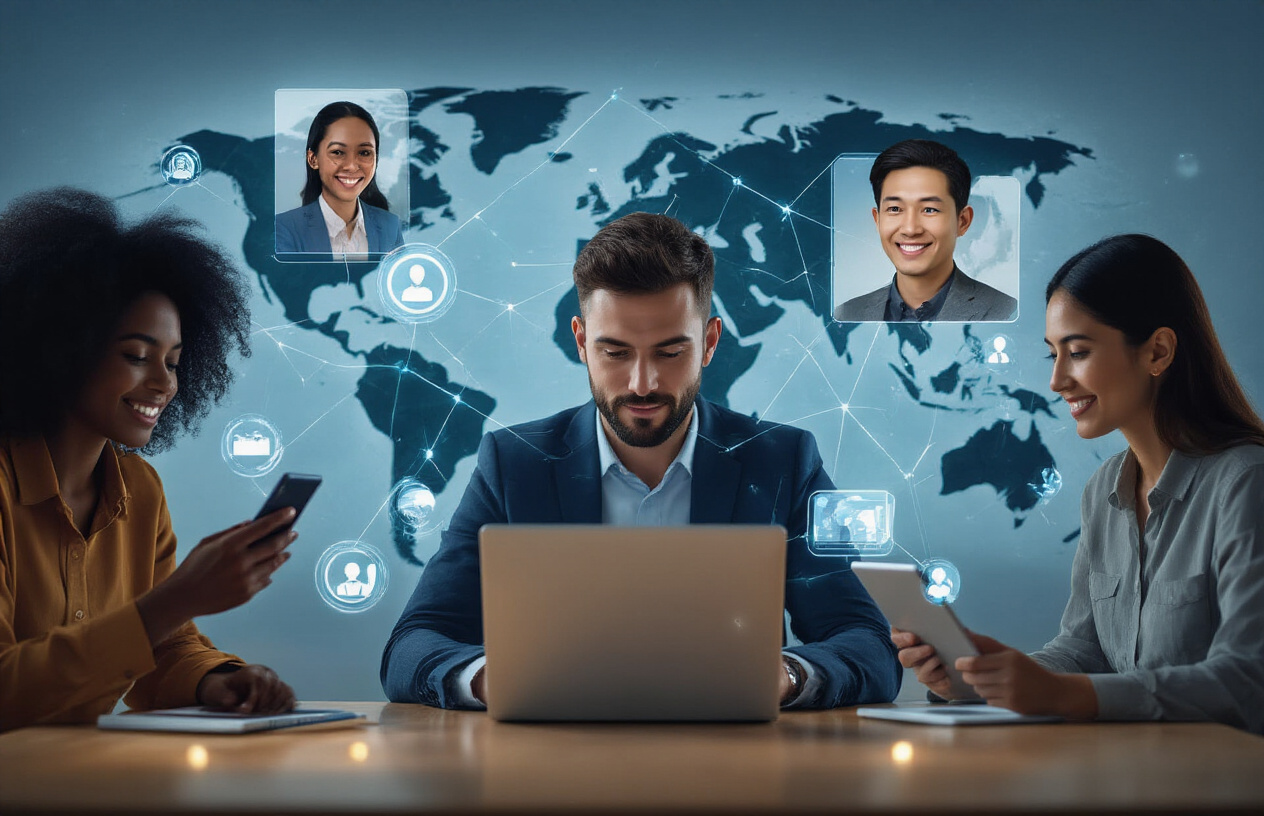 Create a realistic image of a diverse group of customers from different continents connected through digital devices, showing a white male business owner in the center at his laptop, surrounded by floating holographic representations of customers including a black female from Africa using a smartphone, an Asian male from Asia on a tablet, and a Hispanic female from South America on a computer, with glowing connection lines linking them all together, set against a world map background with soft blue lighting and floating digital icons representing global connectivity, professional modern office environment, warm and inviting atmosphere conveying global reach and accessibility, absolutely NO text should be in the scene.