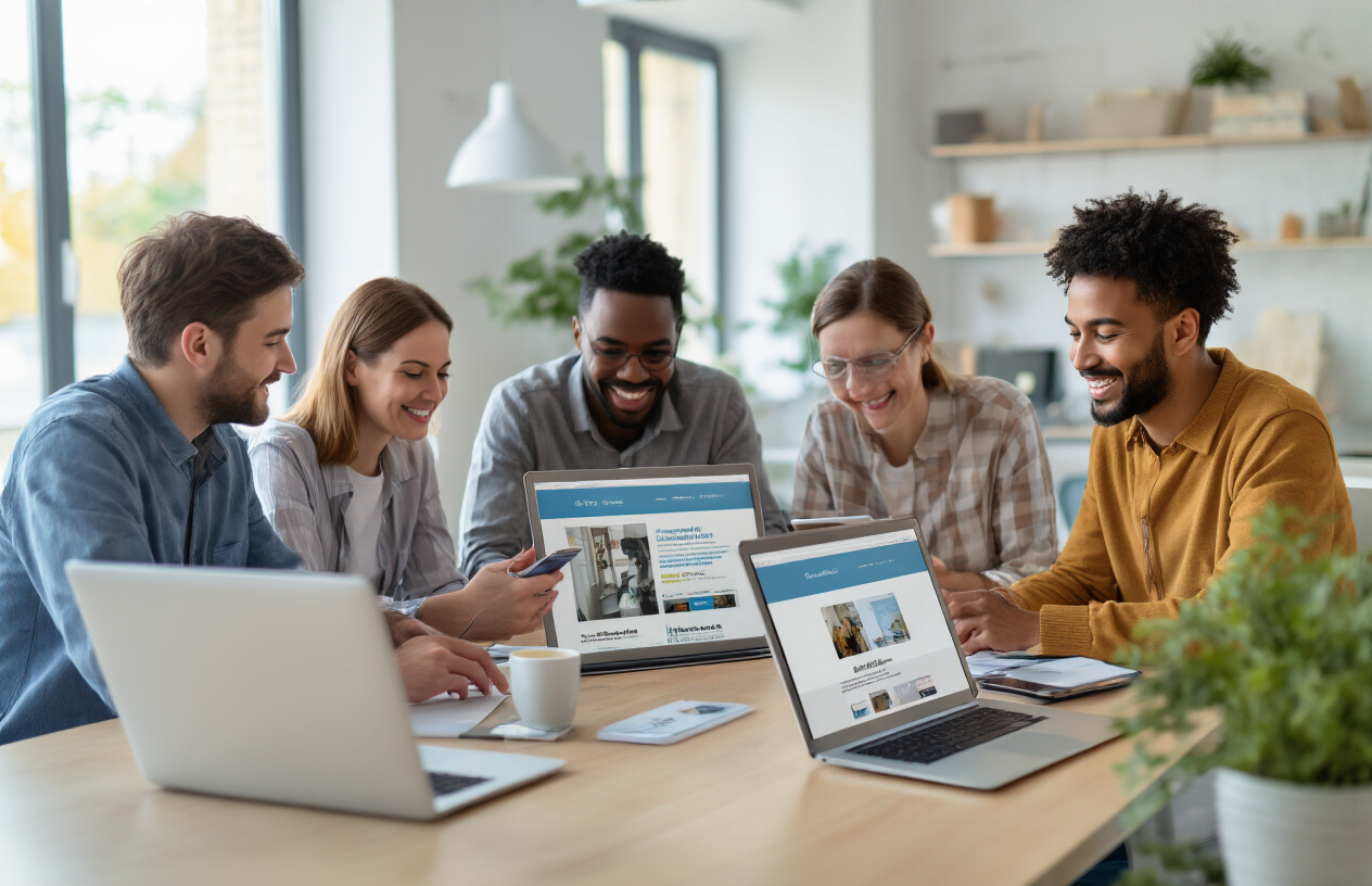 Create a realistic image of a diverse group of happy customers interacting with modern digital devices including laptops, tablets and smartphones displaying clean, professional website interfaces, with smiling faces showing satisfaction and engagement, set in a bright modern office or home environment with natural lighting, featuring people of different races and genders looking pleased while browsing websites, with soft natural lighting creating a positive and welcoming atmosphere, absolutely NO text should be in the scene.