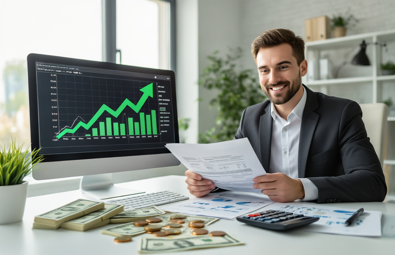 Create a realistic image of a modern office setting with an upward trending arrow graph displayed on a computer monitor showing revenue growth, scattered dollar bills and coins on a clean white desk, a calculator with green profit numbers, a professional white male businessman in a suit smiling while reviewing financial documents, warm natural lighting from a window, professional corporate atmosphere with minimal clutter, focus on financial success and business growth indicators, absolutely NO text should be in the scene.