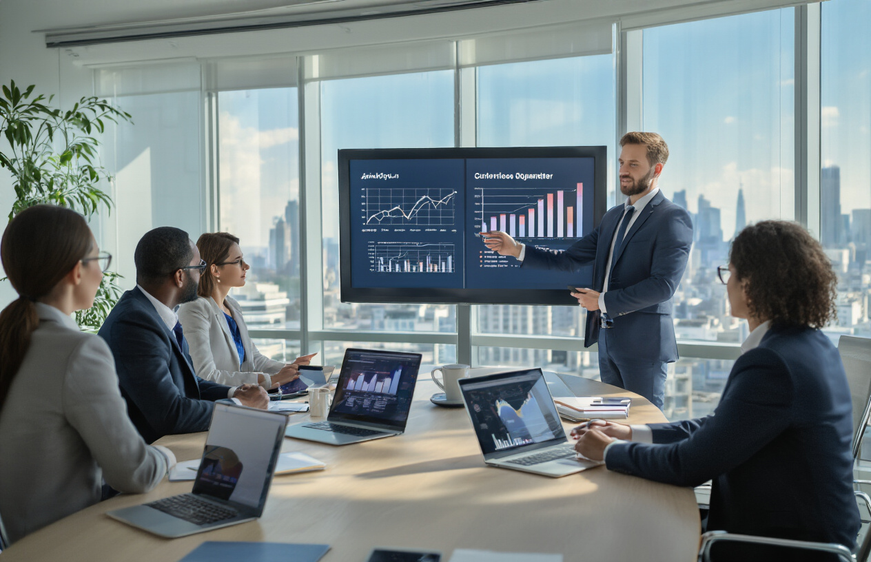 Create a realistic image of a professional business meeting scene where a confident white male entrepreneur in a dark suit is presenting business growth charts on a large screen to a diverse group of business executives seated around a modern conference table, with laptops and tablets displaying website analytics and competitor analysis data, set in a sleek corporate boardroom with floor-to-ceiling windows showing a city skyline, bright natural lighting creating a dynamic and successful atmosphere, absolutely NO text should be in the scene.