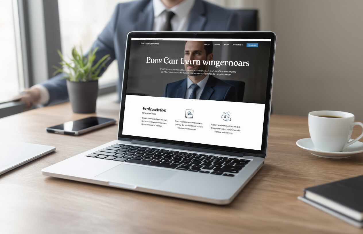 Create a realistic image of a modern business office setting with a sleek laptop displaying a professional website homepage on the screen, positioned on a clean wooden desk with a white male entrepreneur in a business suit sitting confidently behind it, soft natural lighting from a window illuminating the workspace, with subtle elements like a coffee cup and notebook nearby, conveying success and professionalism, absolutely NO text should be in the scene.