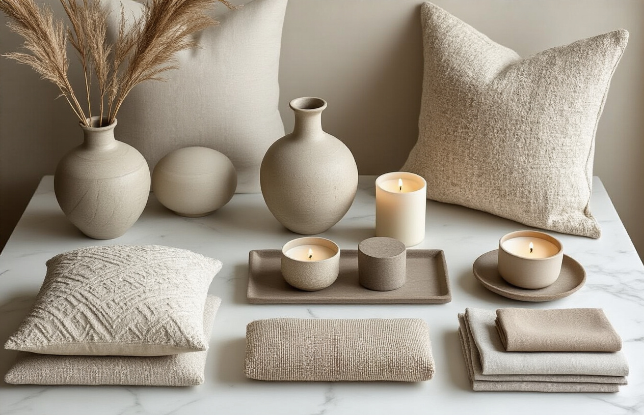 Create a realistic image of an elegant flat lay display showcasing luxury home decor items from a designer collaboration, featuring artisanal ceramics, textured throw pillows, decorative vases, candles, and fabric samples arranged on a clean white marble surface with soft natural lighting from above, shot from a top-down perspective with sophisticated styling and muted earth tones, absolutely NO text should be in the scene.