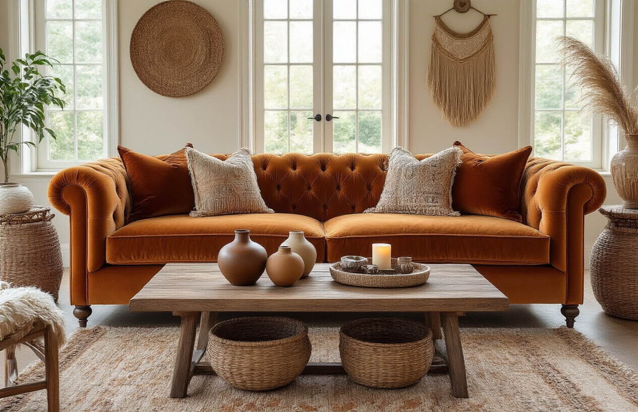 Create a realistic image of an elegantly styled living room showcasing a curated collection of home decor items featuring bohemian-chic furniture including a plush velvet sofa with decorative pillows, a wooden coffee table with ceramic vases and candles, woven baskets, artistic wall hangings, and vintage-inspired accessories arranged in a sophisticated interior setting with warm natural lighting streaming through large windows, rich textures, and an inviting atmosphere that demonstrates how to style a home with designer collection pieces, absolutely NO text should be in the scene.