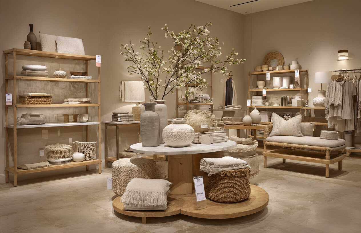 Create a realistic image of a luxurious shopping display featuring elegant home decor items from an Anthropologie x Soho Home collaboration, with beautifully arranged furniture pieces, decorative objects, and textiles on wooden shelves and marble surfaces, accompanied by subtle price tags and availability indicators, set in an upscale retail environment with warm ambient lighting and a sophisticated neutral color palette, absolutely NO text should be in the scene.