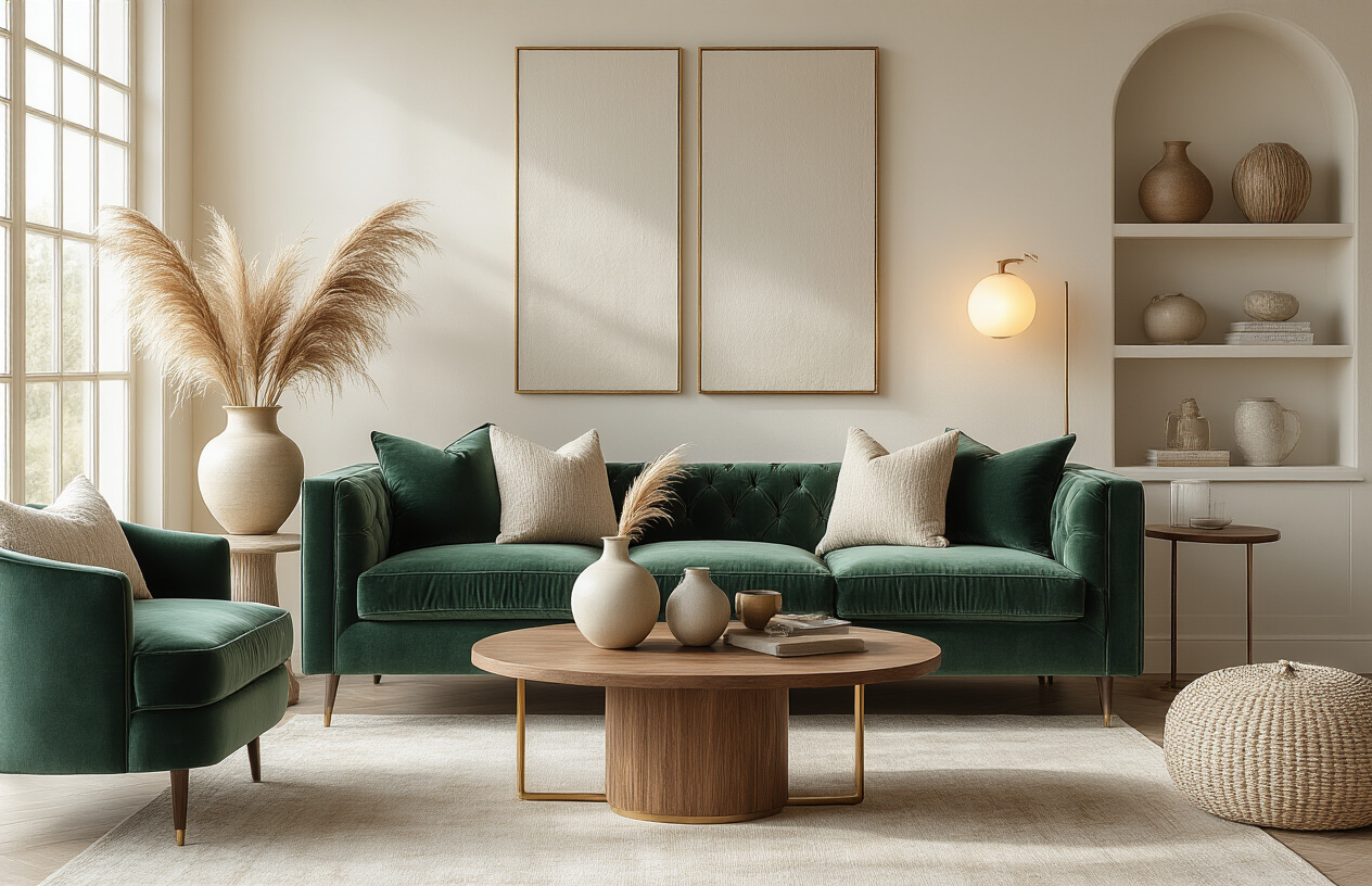 Create a realistic image of an elegant, modern living room interior showcasing a sophisticated blend of Anthropologie and Soho Home design aesthetics, featuring carefully curated furniture pieces including a plush velvet sofa in rich emerald green, a sleek wooden coffee table with brass accents, decorative ceramic vases with dried pampas grass, textured throw pillows in neutral tones, a contemporary floor lamp with warm ambient lighting, and artfully arranged home accessories on floating shelves, all set against a backdrop of cream-colored walls with natural sunlight streaming through large windows, creating a warm and inviting atmosphere that represents the successful collaboration between the two brands, absolutely NO text should be in the scene.