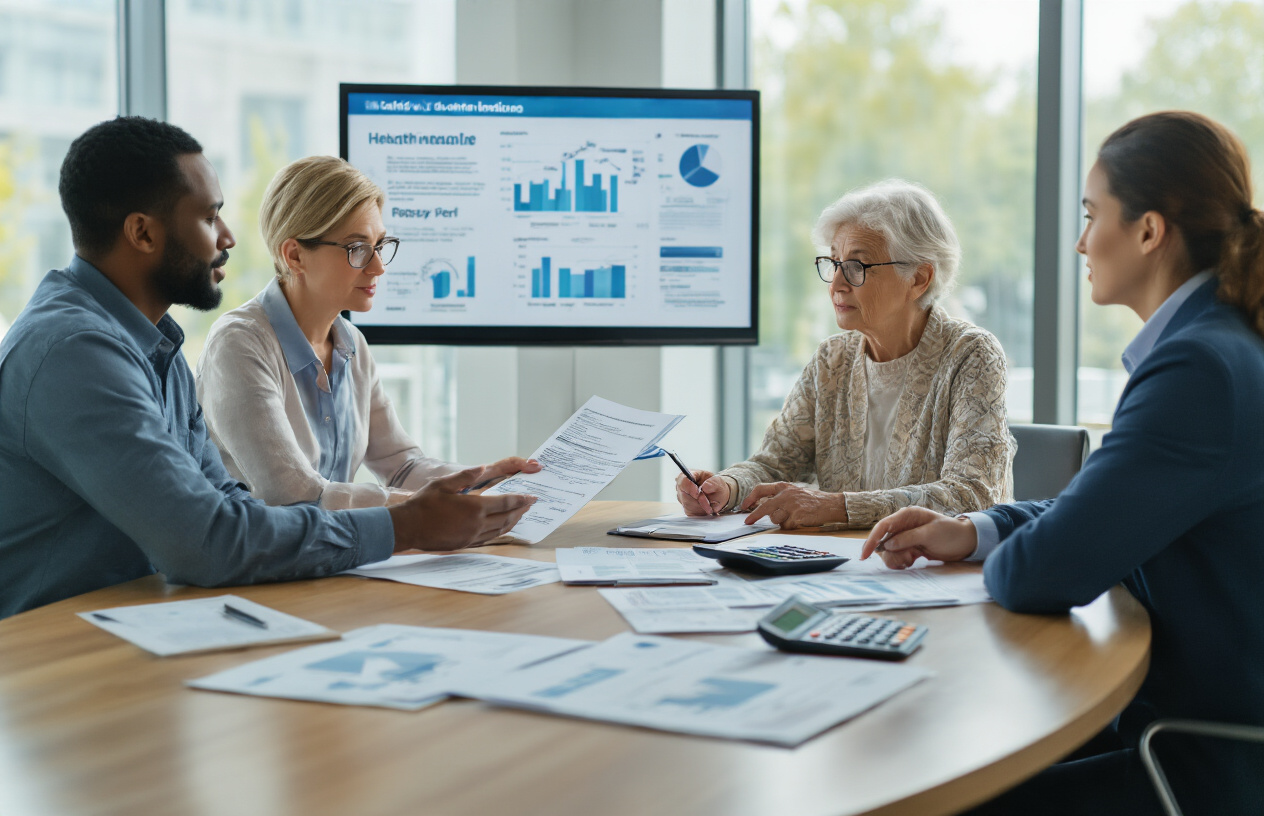 Create a realistic image of a diverse group of people sitting around a modern conference table with health insurance documents, policy papers, and a calculator spread across the surface, featuring a middle-aged white female financial advisor explaining concepts to a young black male and an elderly white female, with charts and graphs visible on a wall-mounted screen in the background, set in a bright, professional office environment with natural lighting from large windows, conveying an educational and money-saving consultation atmosphere, absolutely NO text should be in the scene.