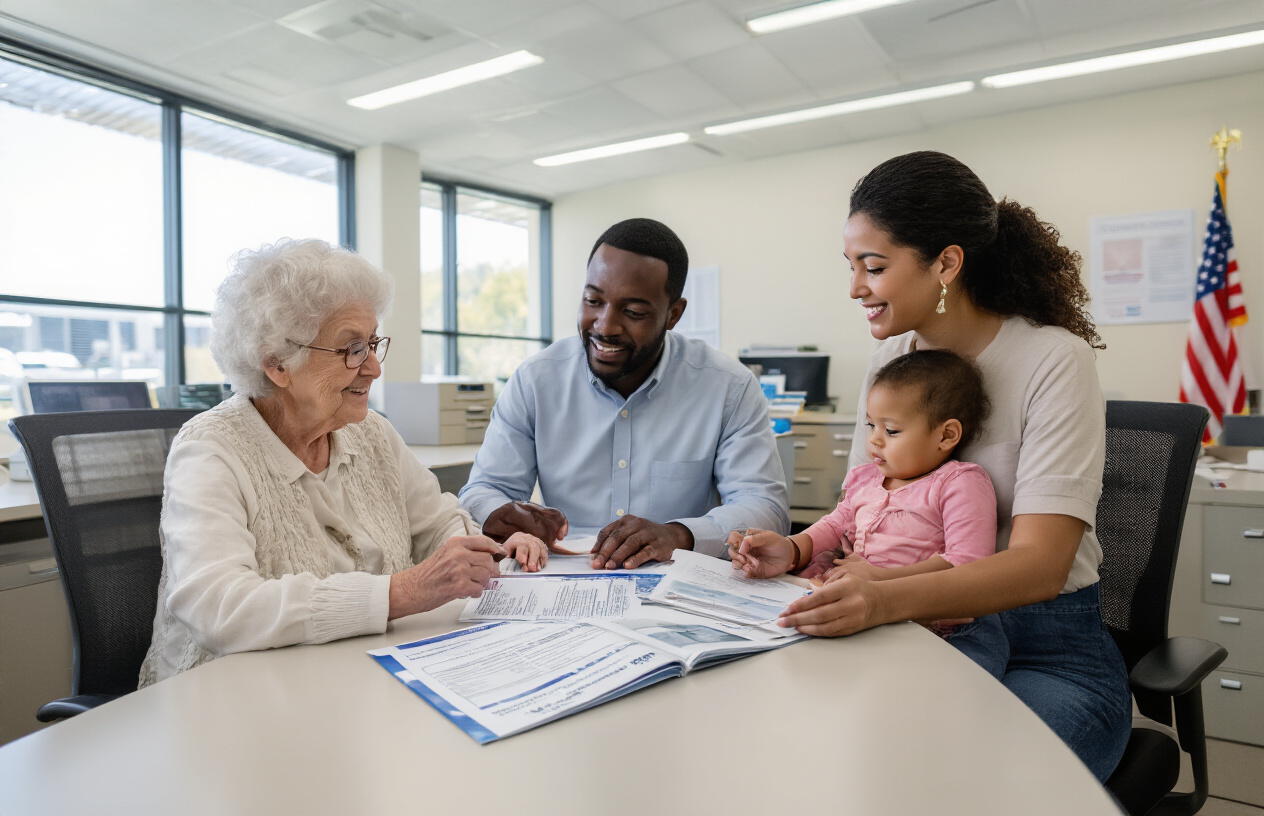 Create a realistic image of a diverse group including a white elderly woman, a black middle-aged man, and a Hispanic young mother with child sitting at a modern government office consultation desk with a professional counselor reviewing official health insurance documents and brochures, bright fluorescent office lighting, American flag visible in background, clean professional government office setting with filing cabinets and informational posters on walls, people appearing satisfied and engaged in discussion, absolutely NO text should be in the scene.