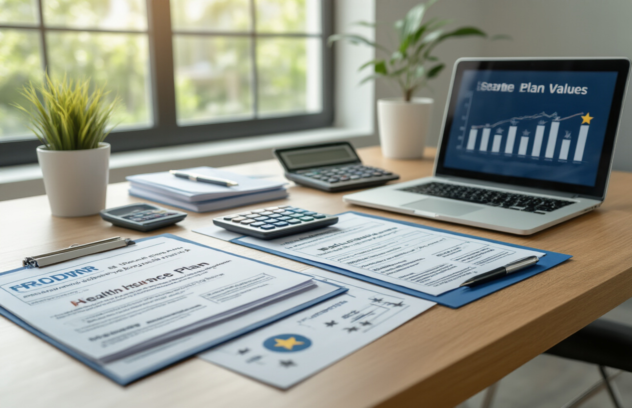 Create a realistic image of a professional conference table with several health insurance plan documents and folders spread across it, each labeled with different plan names and star ratings or ranking badges, a calculator and pen nearby, a laptop computer displaying a comparison chart or graph showing different plan values, clean modern office environment with soft natural lighting from a window, professional business atmosphere suggesting careful evaluation and comparison of insurance options, absolutely NO text should be in the scene.