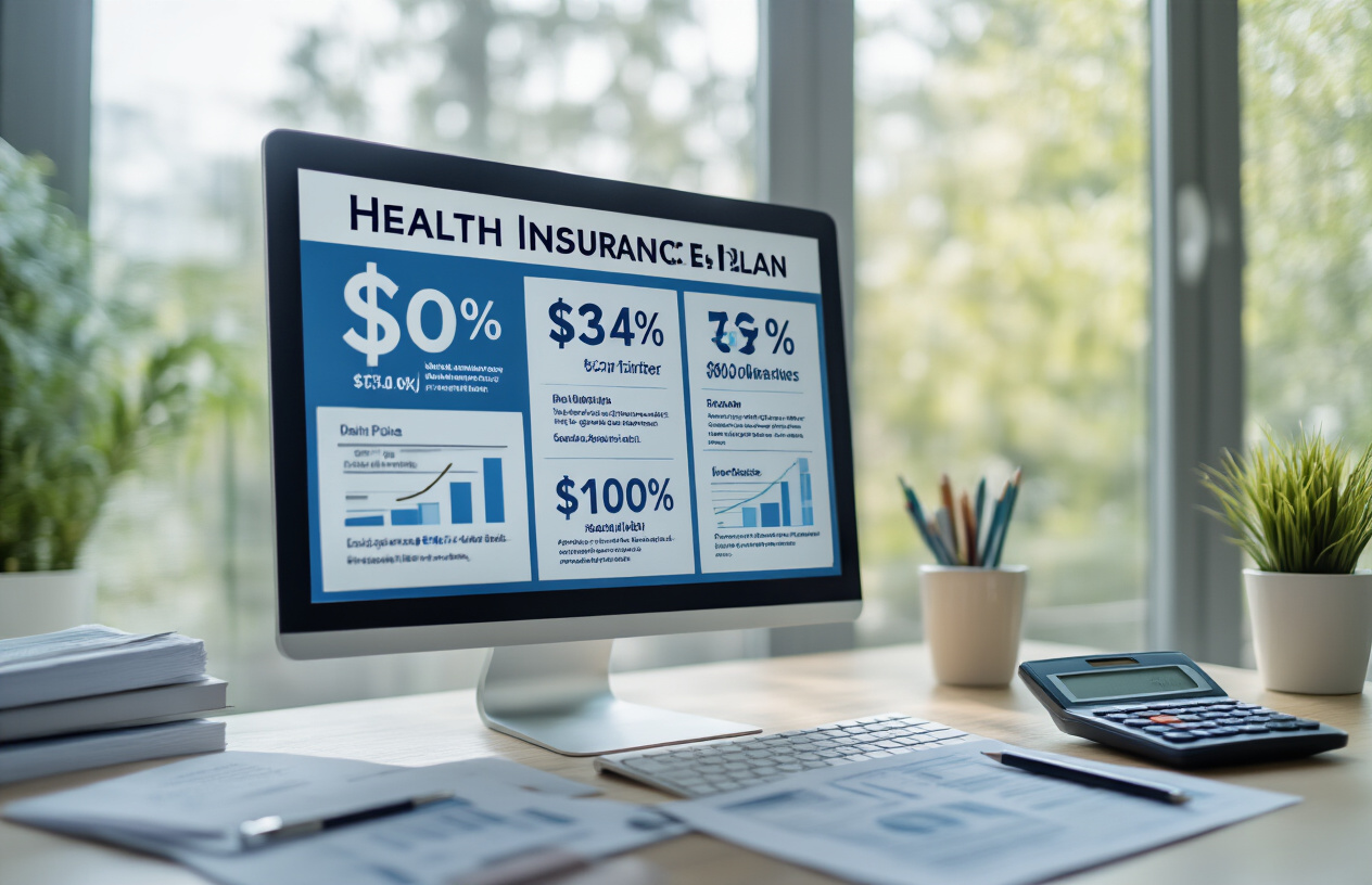 Create a realistic image of a clean, modern comparison chart or table displayed on a computer screen showing different health insurance plan options with dollar signs and percentage symbols indicating cost savings, surrounded by insurance policy documents and calculators on a professional desk, with soft natural lighting from a window creating a trustworthy business atmosphere, absolutely NO text should be in the scene.
