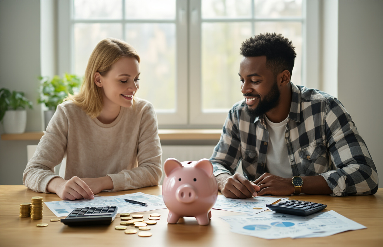 Create a realistic image of a diverse group of people including a white female and black male sitting at a modern wooden table with calculators, financial documents, and coins scattered around, with a piggy bank prominently displayed in the foreground, bright natural lighting streaming through a window in the background creating a hopeful and organized atmosphere, absolutely NO text should be in the scene.