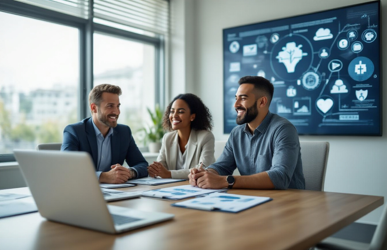 Create a realistic image of a diverse group including a white male, black female, and Hispanic male sitting around a modern conference table with laptops and documents spread out, appearing satisfied and confident after making informed decisions, with a clean office environment featuring natural lighting from large windows, healthcare-related icons and symbols subtly displayed on a wall-mounted screen in the background, conveying a sense of achievement and financial security. Absolutely NO text should be in the scene.