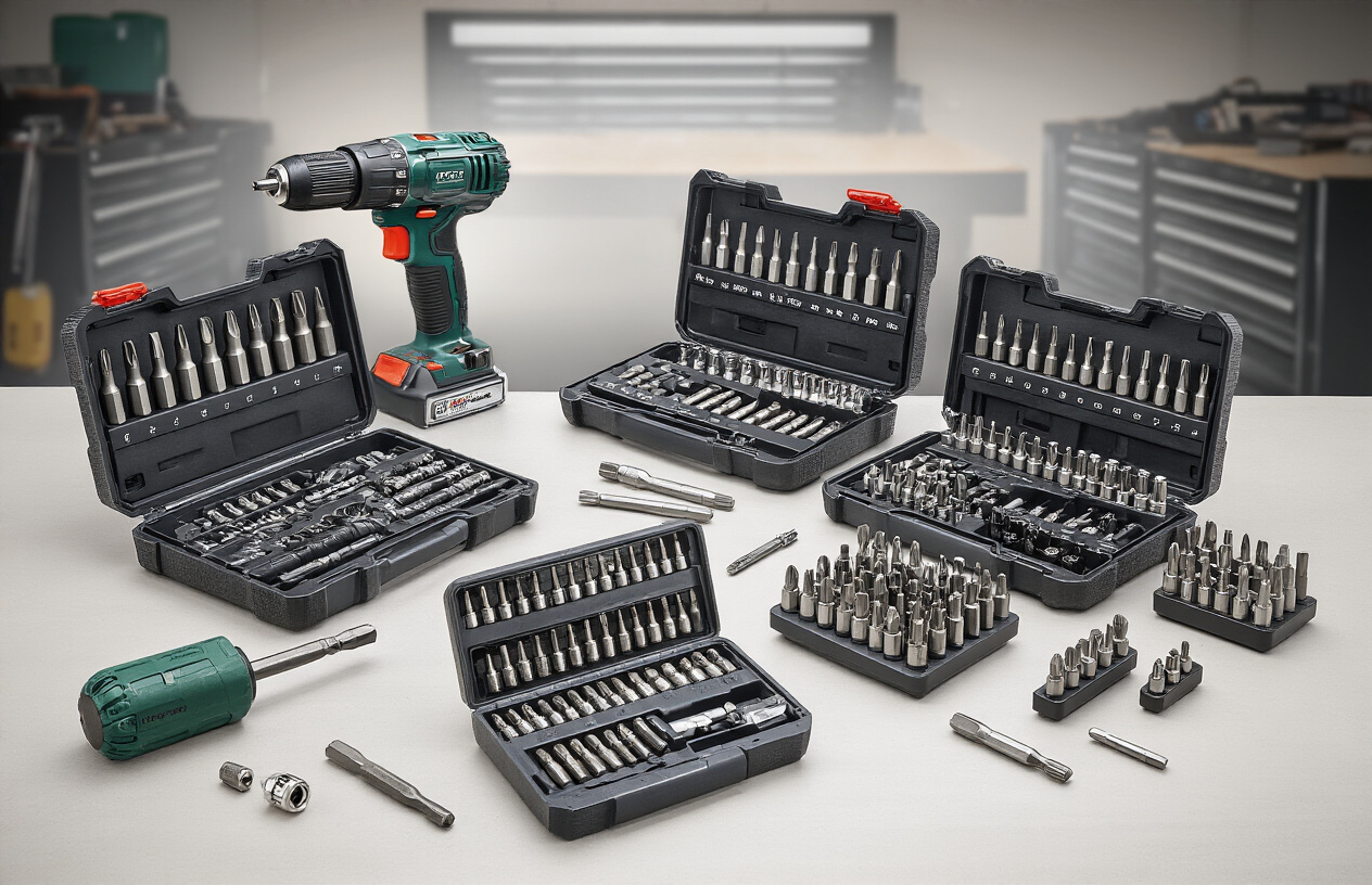 Create a realistic image of a premium collection of screwdriver bit sets displayed on a clean workshop table, featuring multiple high-quality bit sets in organized cases with various bit types including Phillips, flathead, Torx, and hex bits, alongside a cordless drill, with soft overhead lighting creating subtle shadows, professional workshop background with tool cabinets, emphasis on the craftsmanship and variety of the bit sets suggesting top-rated quality and investment value, Absolutely NO text should be in the scene.