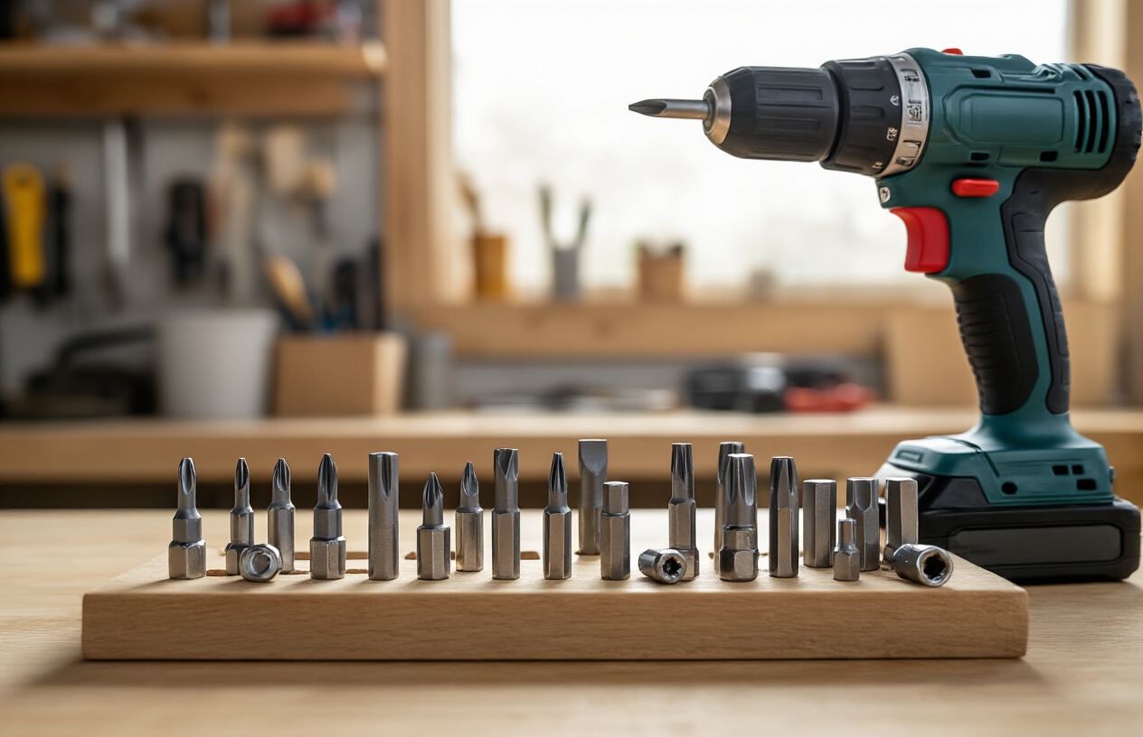 Create a realistic image of various essential screwdriver bits arranged in an organized display showing different types including Phillips head, flathead, Torx, hex, and Robertson bits in different sizes, with a cordless drill positioned nearby on a clean wooden workbench, soft natural lighting from above creating subtle shadows, workshop background with tools and equipment slightly blurred, professional and organized mood perfect for DIY enthusiasts, absolutely NO text should be in the scene.