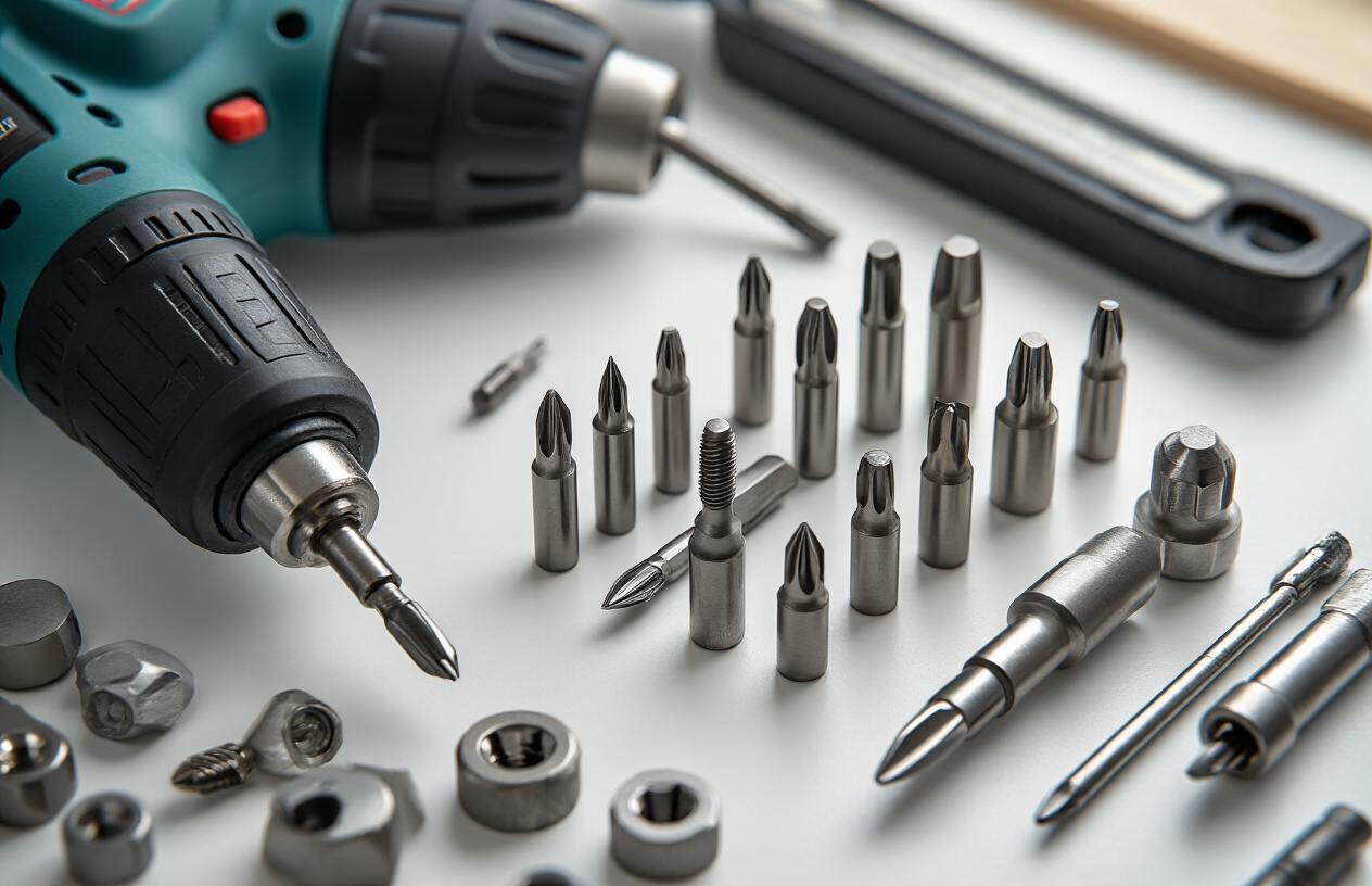 Create a realistic image of a detailed close-up view showing various screwdriver bits of different sizes and materials arranged on a clean white work surface, including Phillips head bits, flathead bits, Torx bits, and hex bits made from different materials like steel, titanium, and carbide, with a cordless drill positioned nearby, proper workshop lighting illuminating the bits to show their material finishes and size variations clearly, absolutely NO text should be in the scene.