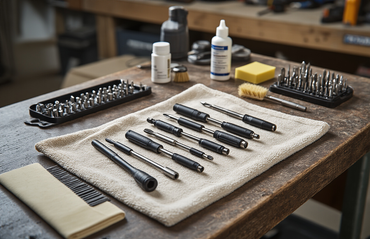 Create a realistic image of a well-organized workspace showing proper maintenance of screwdriver bits, featuring a clean workbench with various screwdriver bits laid out on a soft cloth, a small brush for cleaning, a bottle of lubricant oil, a magnetic bit holder, and some bits being cleaned with a microfiber cloth, warm workshop lighting creating a professional and careful maintenance atmosphere, absolutely NO text should be in the scene.