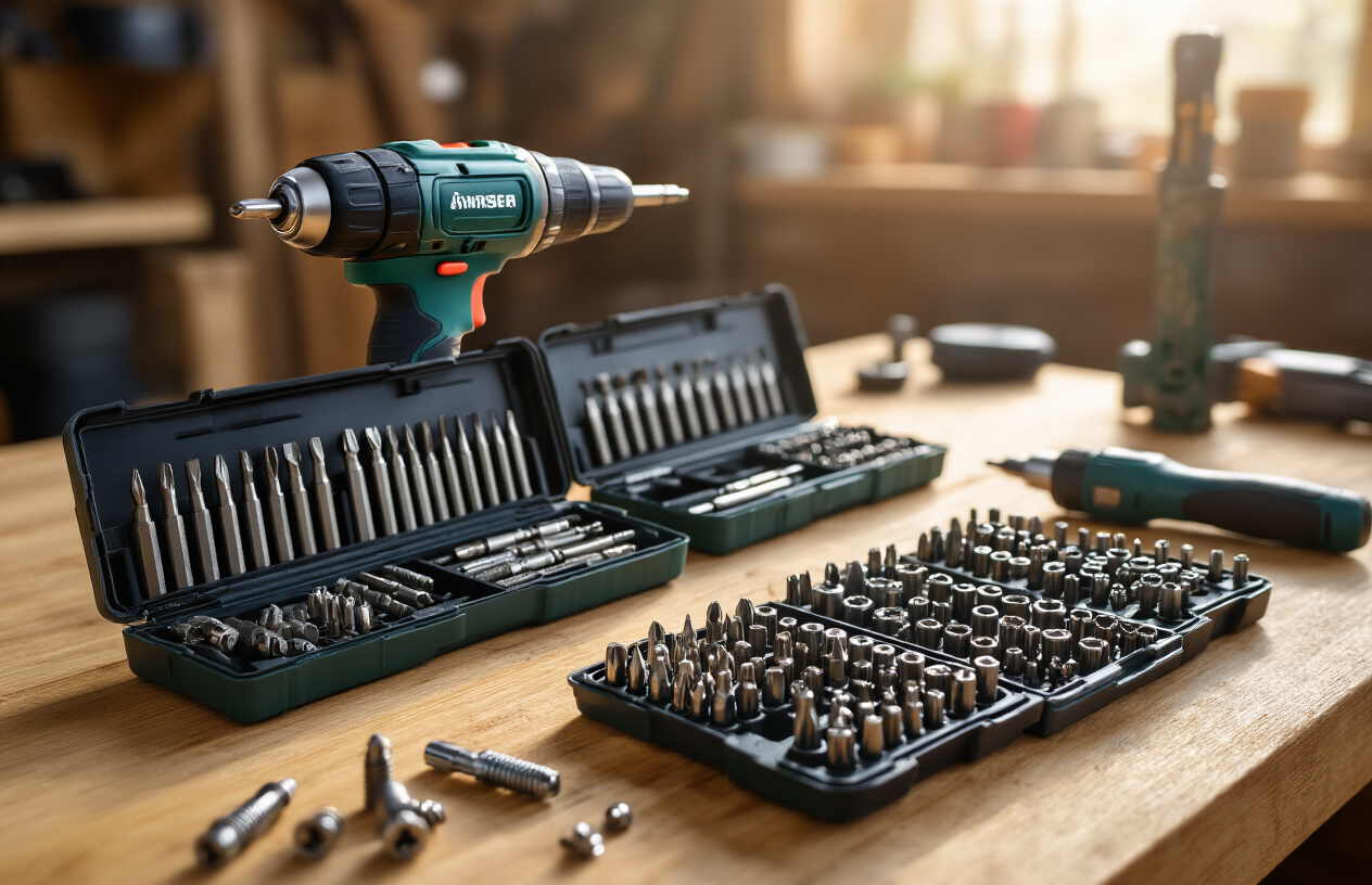 Create a realistic image of a professional workbench scene featuring multiple high-quality screwdriver bit sets arranged neatly alongside a modern cordless drill, with various individual bits displayed in organized cases showing different types like Phillips, flathead, Torx, and hex bits, warm workshop lighting creating subtle shadows, clean wooden workbench surface with wood grain visible, some loose screws scattered nearby, tools appearing well-maintained and premium quality, shallow depth of field focusing on the bit sets in foreground with cordless drill slightly blurred in background, professional workshop atmosphere suggesting expertise and quality craftsmanship, absolutely NO text should be in the scene.