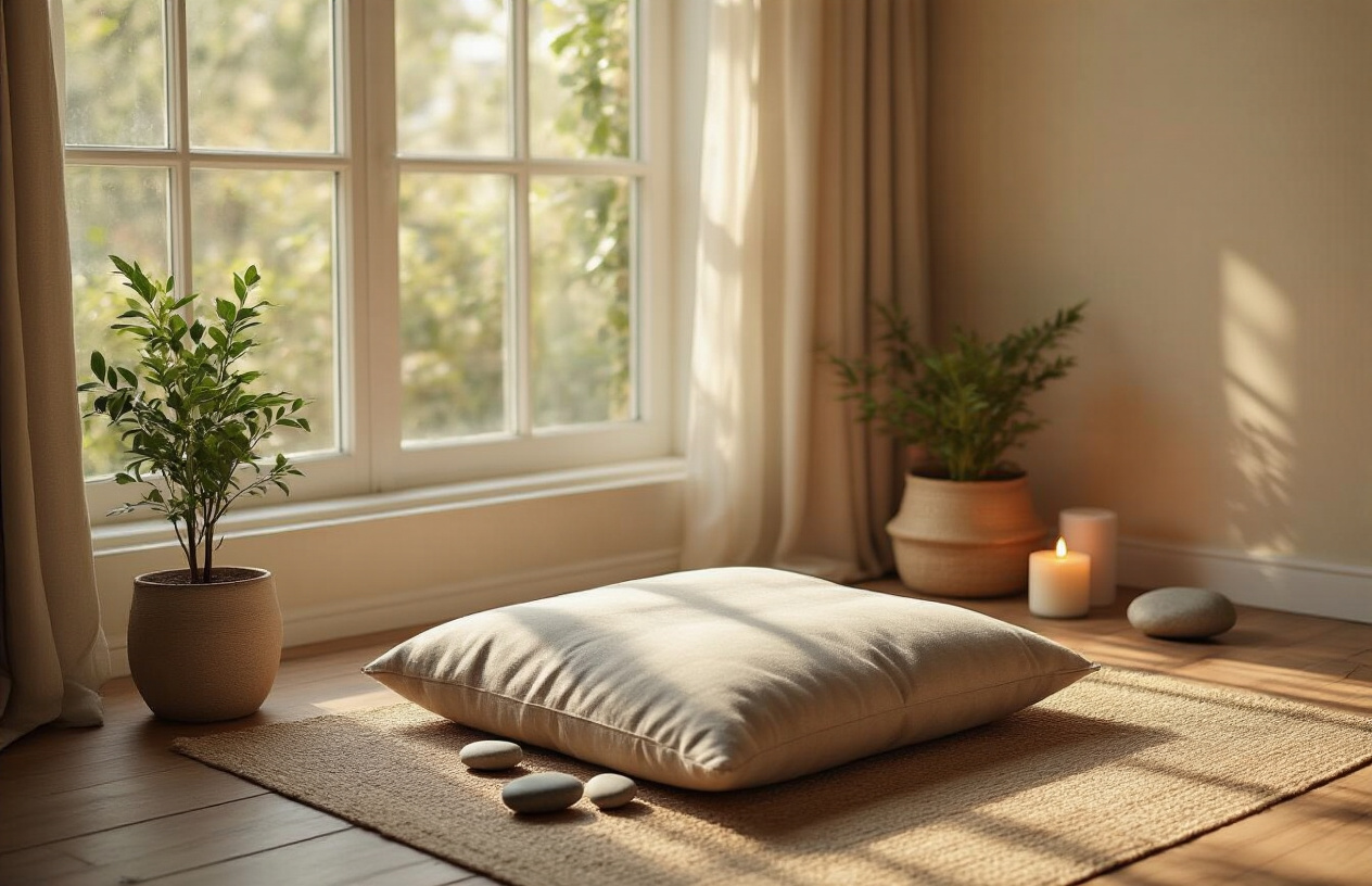 Create a realistic image of a peaceful indoor meditation space with soft natural lighting streaming through a window, featuring a comfortable cushion or yoga mat on a wooden floor, surrounded by calming elements like a small potted plant, a lit candle, and smooth stones, with warm earth tones and gentle shadows creating a serene atmosphere perfect for mindfulness practice, absolutely NO text should be in the scene.