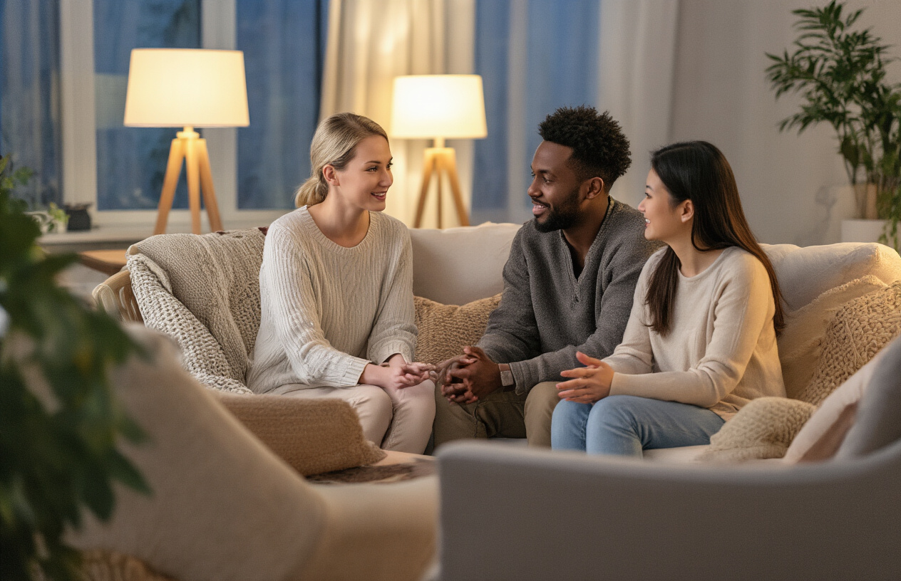 Create a realistic image of diverse group of people sitting in a comfortable circle formation in a cozy living room setting, with a white female, black male, and Asian female engaged in supportive conversation, warm ambient lighting from table lamps creating a welcoming atmosphere, soft furniture like cushioned chairs and a sofa, plants in the background, gentle expressions showing care and understanding, hands gesturing in encouraging ways, creating an intimate and safe space for emotional support, absolutely NO text should be in the scene.